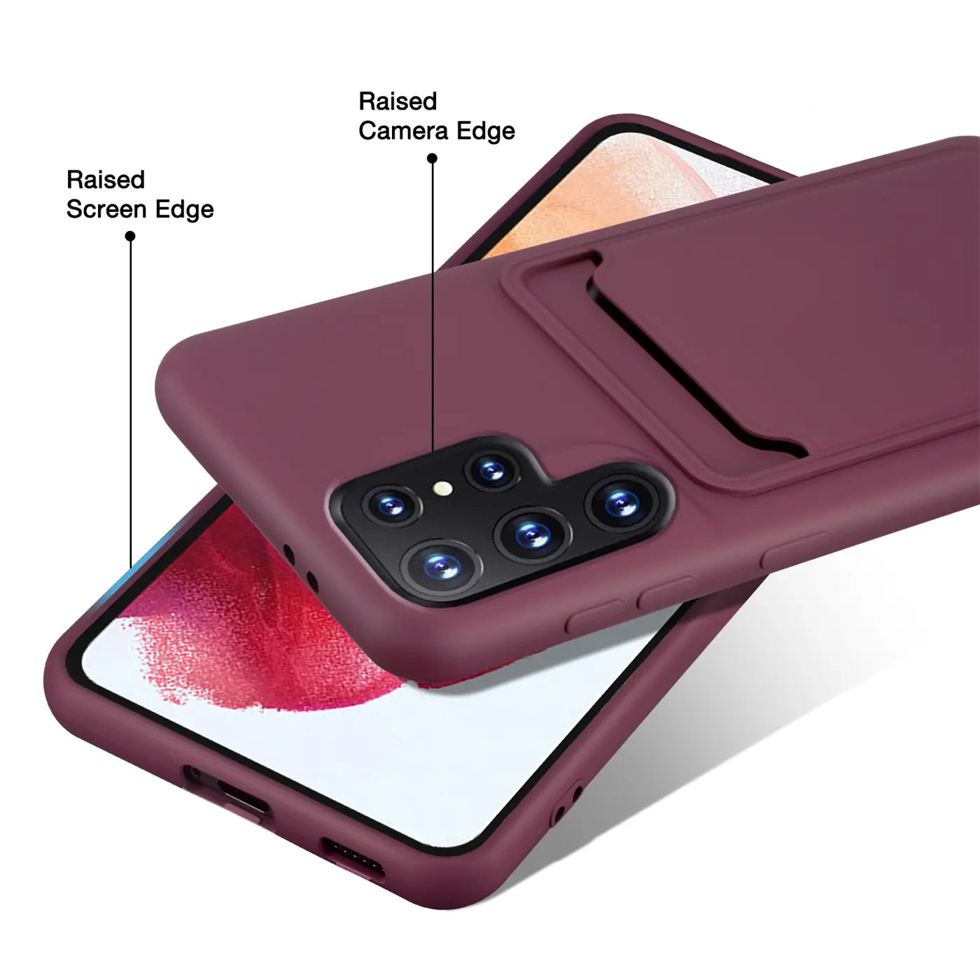 Dunkelrote Slim Hülle aus Kunststoff mit Kartenfach auf Samsung S22 Ultra, von oben.