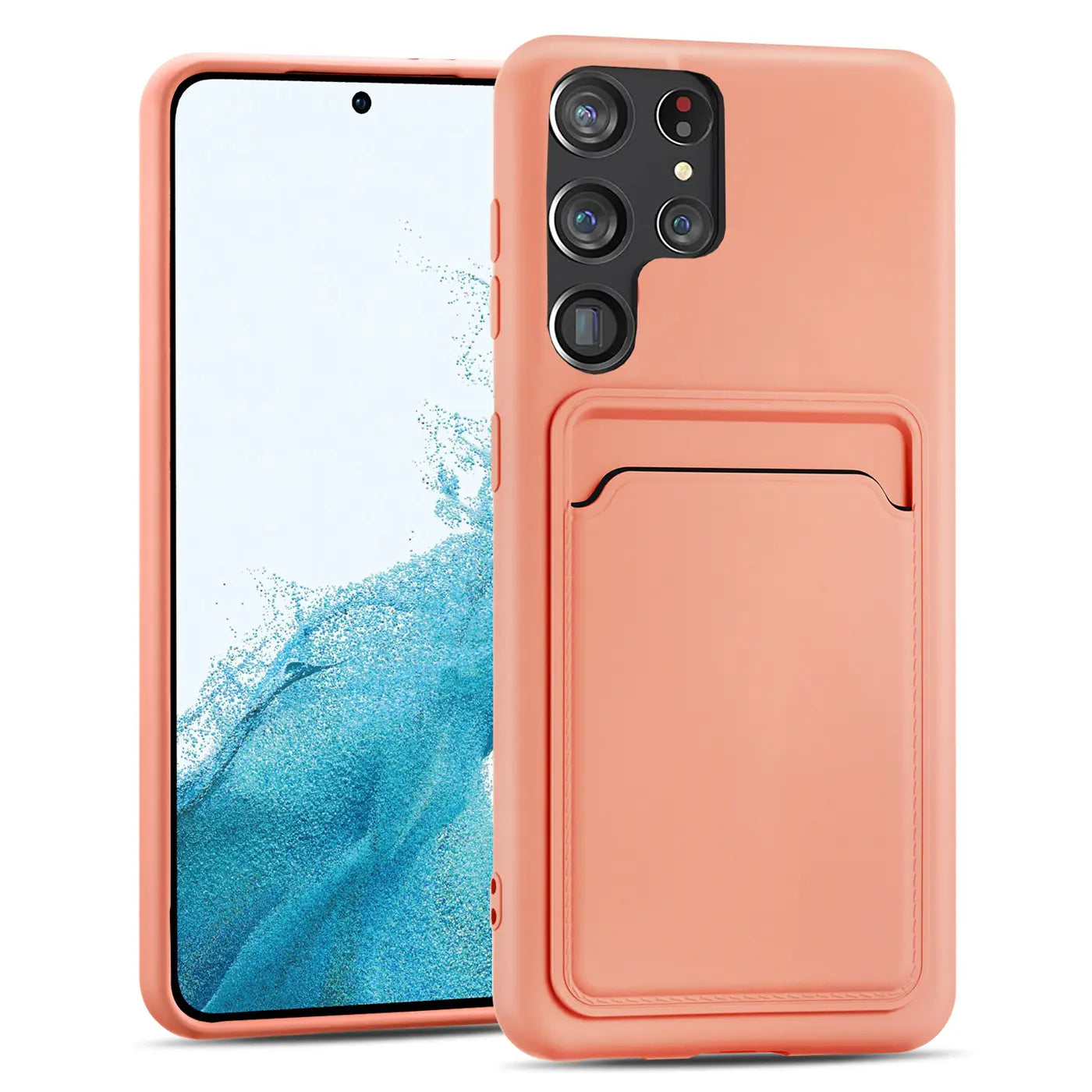 Korallfarbene Slim Hülle aus Kunstleder mit Kartenfach für Samsung S22 Ultra, Vorderansicht.