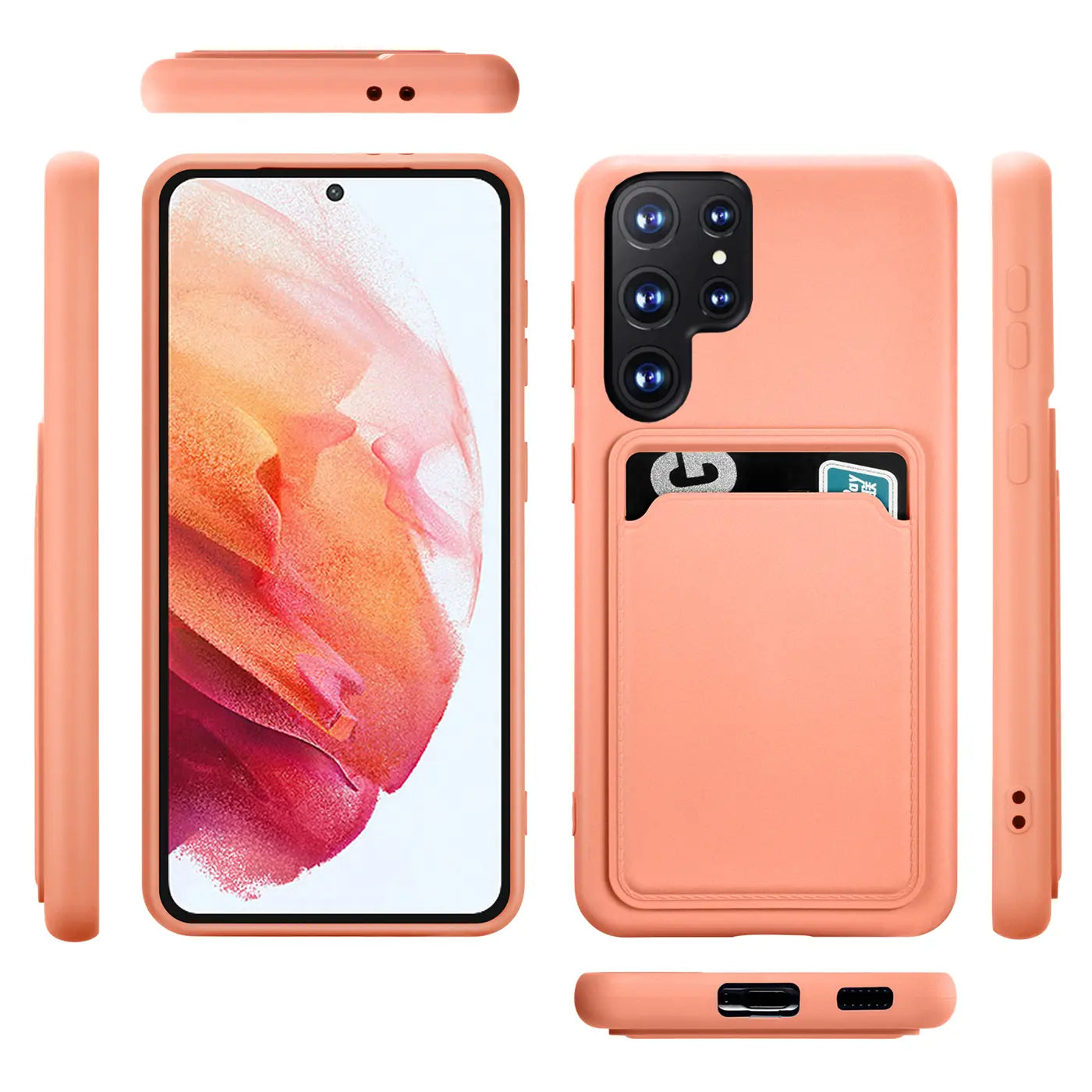 Korallefarbene Slim-Hülle mit Kartenfach für Samsung Galaxy S22 Ultra, aus mehreren Winkeln gezeigt.