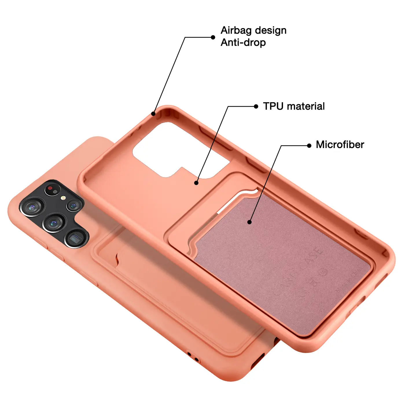 Orange TPU-Hülle mit Kartenfach, von oben schräg fotografiert, zeigt Samsung S22 Ultra.