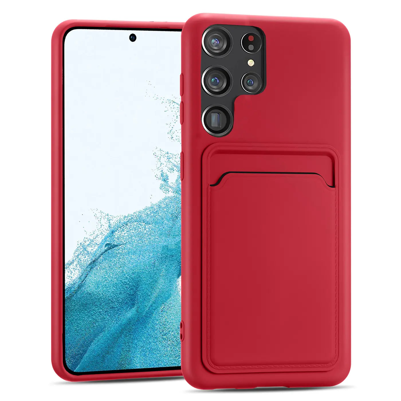 Rote Slim Hülle aus Kunststoff mit Kartenfach für Samsung Galaxy S22 Ultra, Vorder- und Rückansicht.