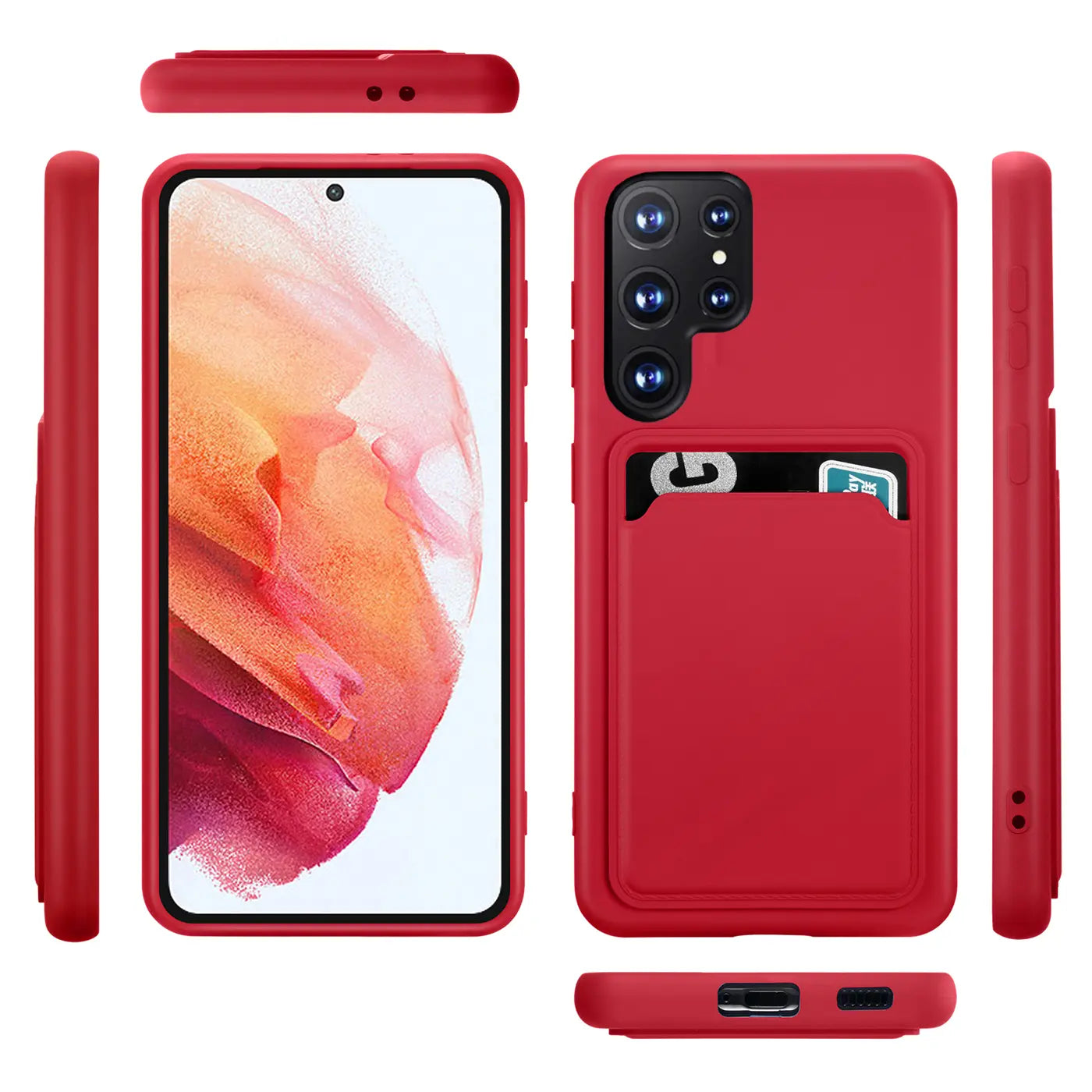 Rote Slim Hülle mit Kartenfach für Samsung S22 Ultra, verschiedene Ansichten.