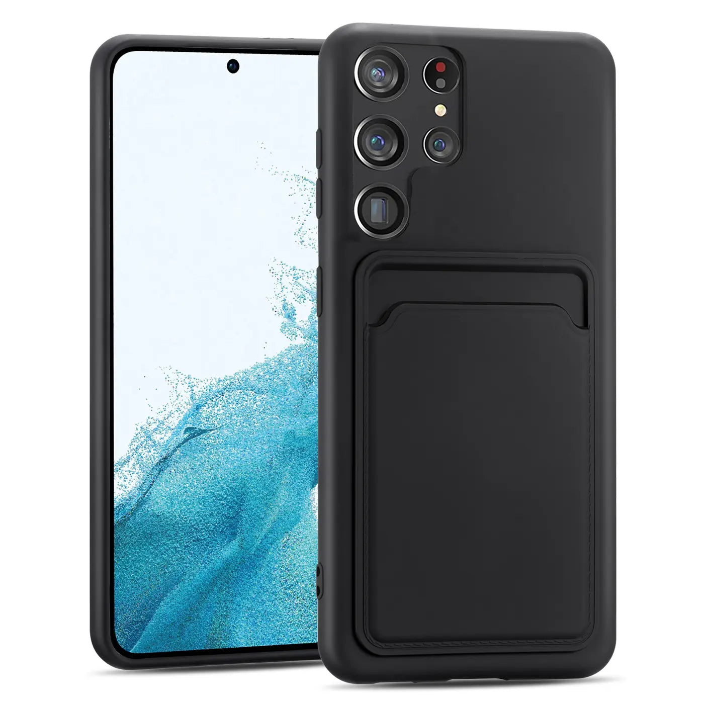 Schwarze Slim Hülle aus Kunststoff mit Kartenfach für Samsung Galaxy S22 Ultra, Vorderansicht.