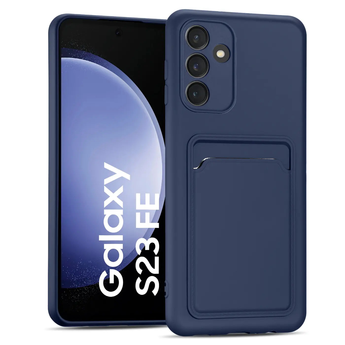 Dunkelblaue Slim Hülle aus Kunststoff mit Kartenfach, zeigt Samsung Galaxy S23 FE.