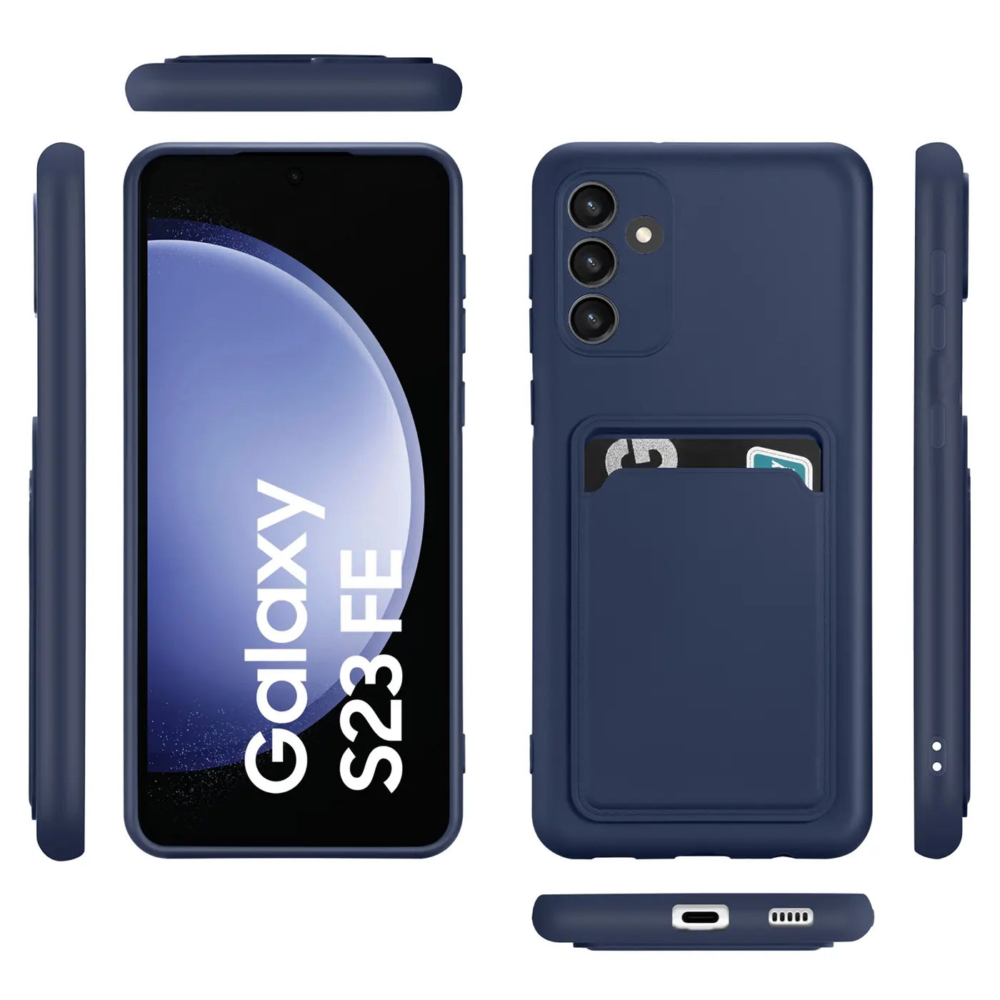 Dunkelblaue Slim Hülle aus Silikon mit Kartenfach für Samsung Galaxy S23 FE, verschiedene Ansichten.