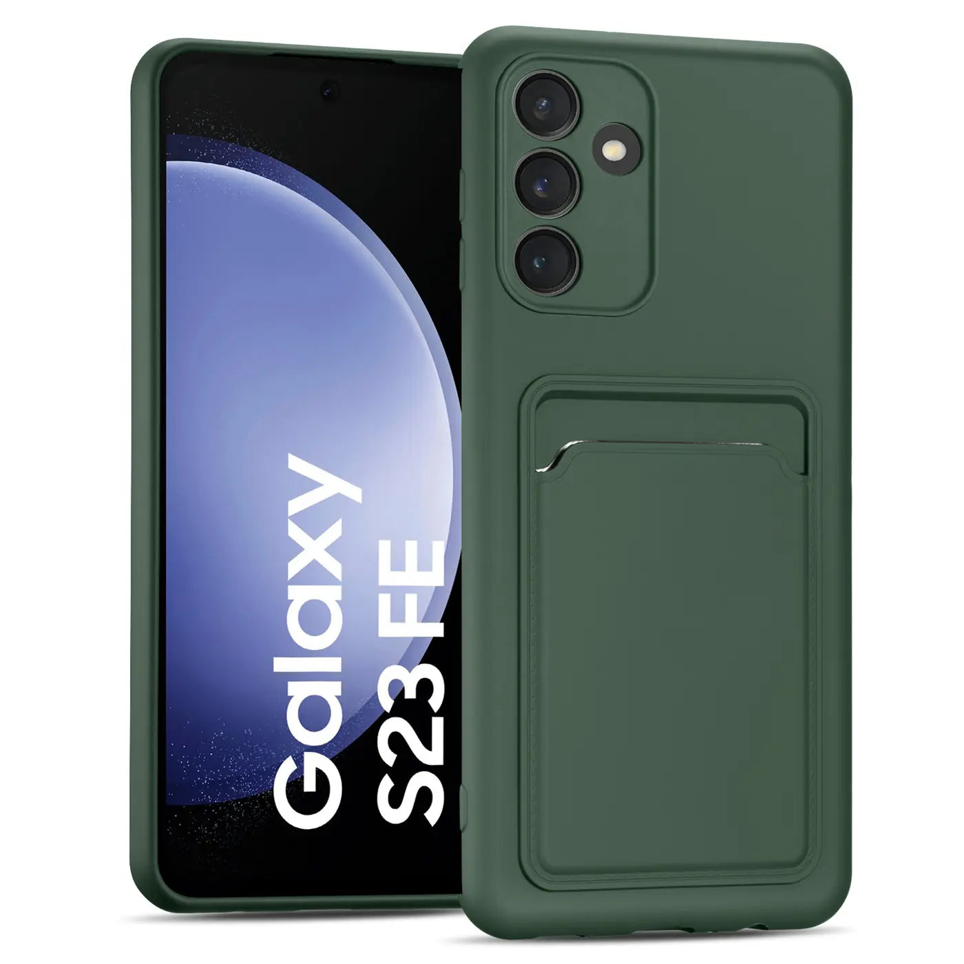 Dunkelgrüne Slim Hülle mit Kartenfach für Samsung Galaxy S23 FE, von vorne/leicht schräg