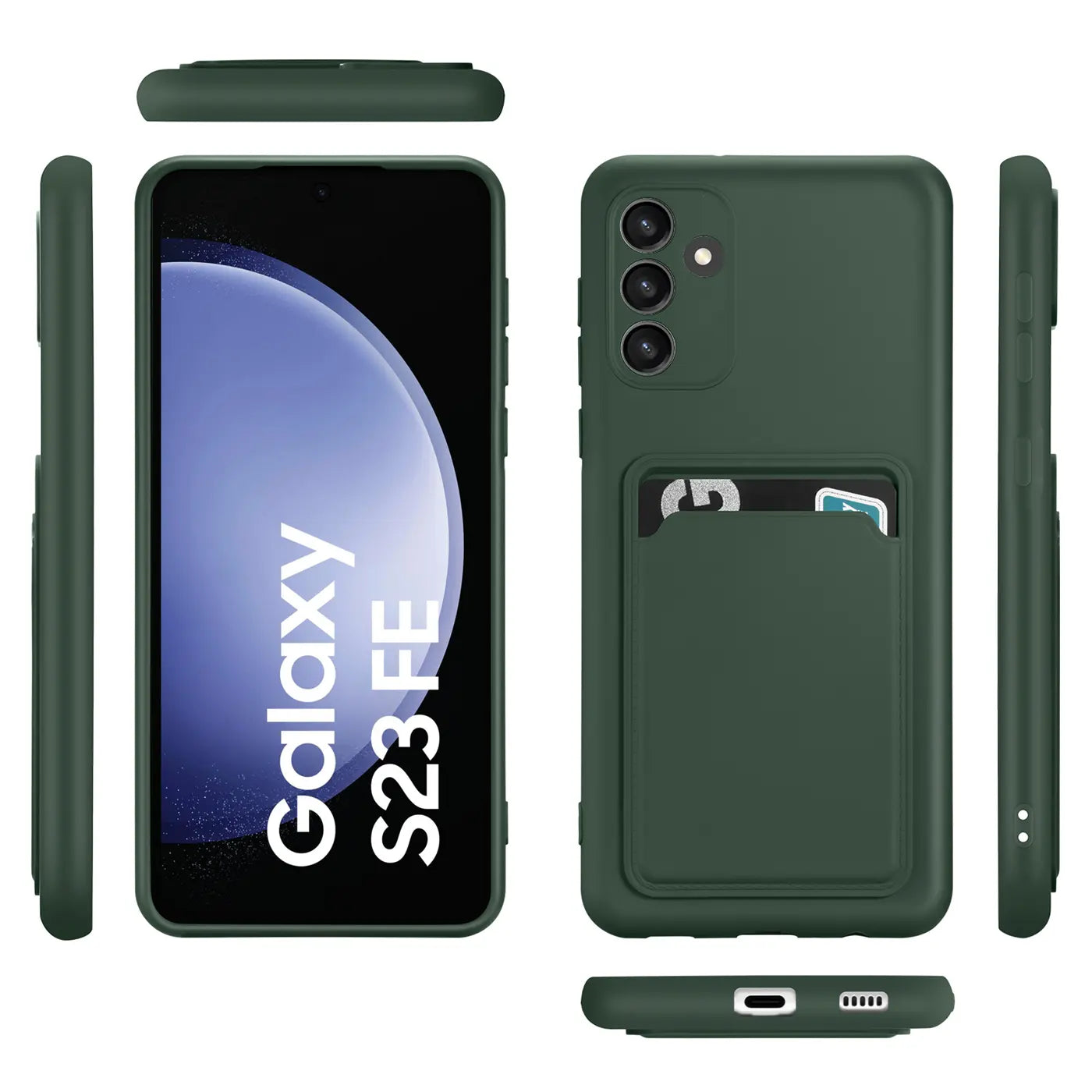 Dunkelgrüne Slim Hülle mit Kartenfach, Vorder-, Rück- und Seitenansicht, für Samsung Galaxy S23 FE.