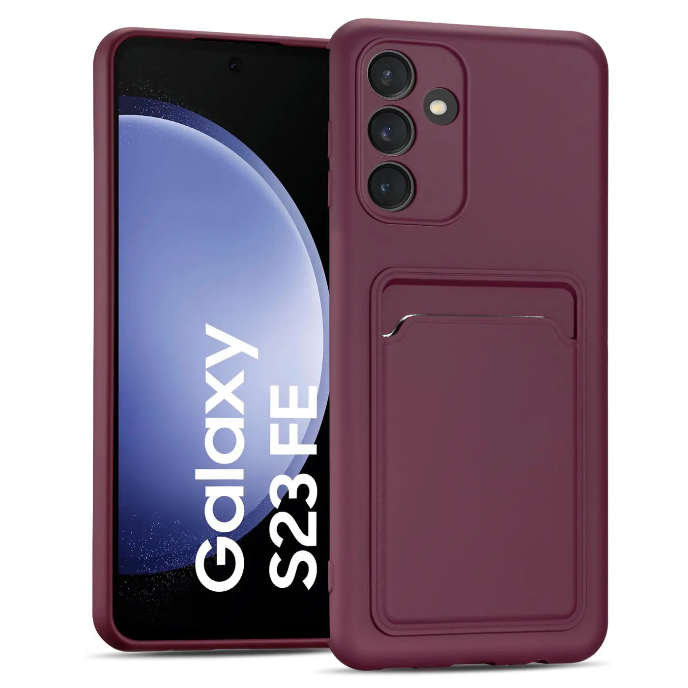 Dunkelrote Handyhülle aus Kunststoff mit Kartenfach, zeigt Samsung Galaxy S23 FE.