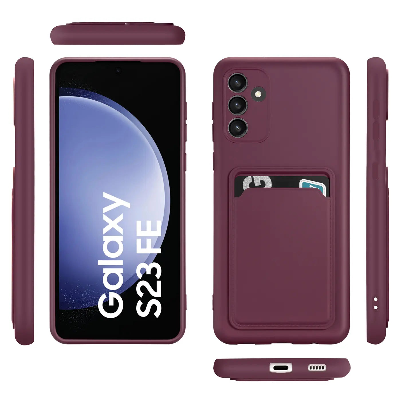 Dunkelrote Slim Hülle mit Kartenfach für Samsung Galaxy S23 FE, aus Kunststoff, verschiedene Ansichten.