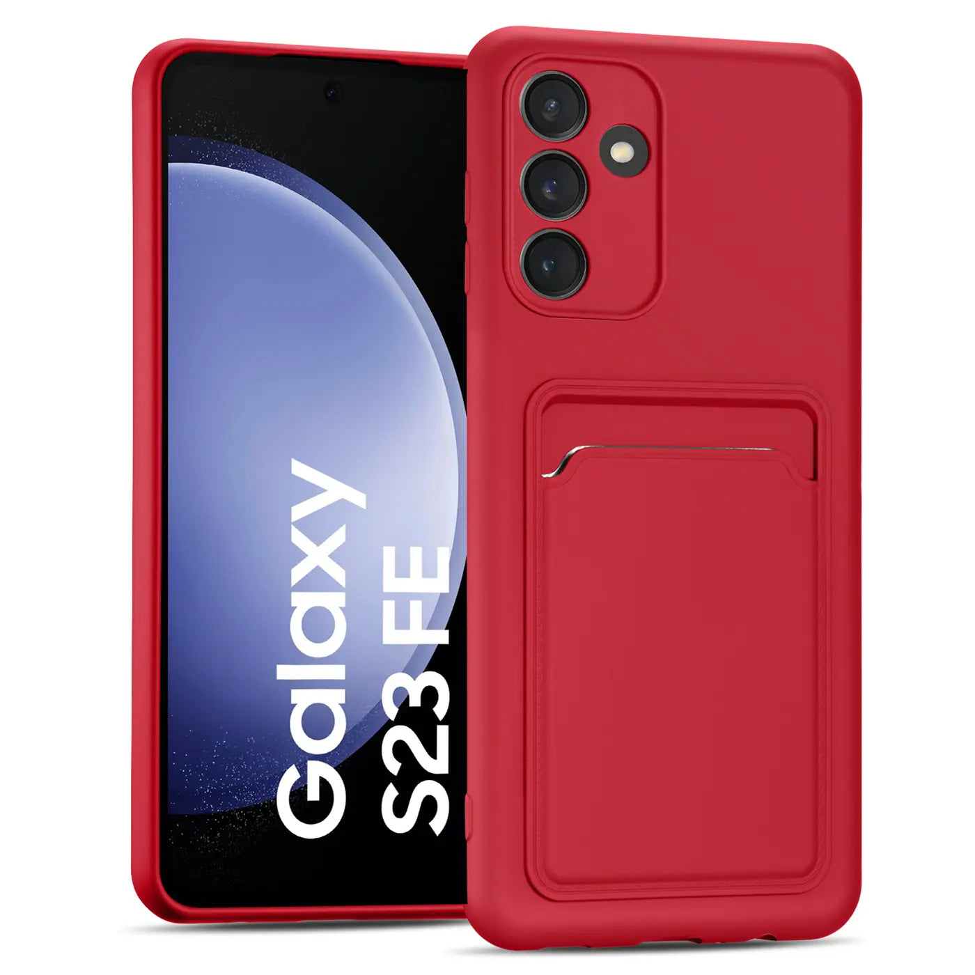 Rote Slim Hülle mit Kartenfach für Samsung Galaxy S23 FE, von vorne schräg gezeigt