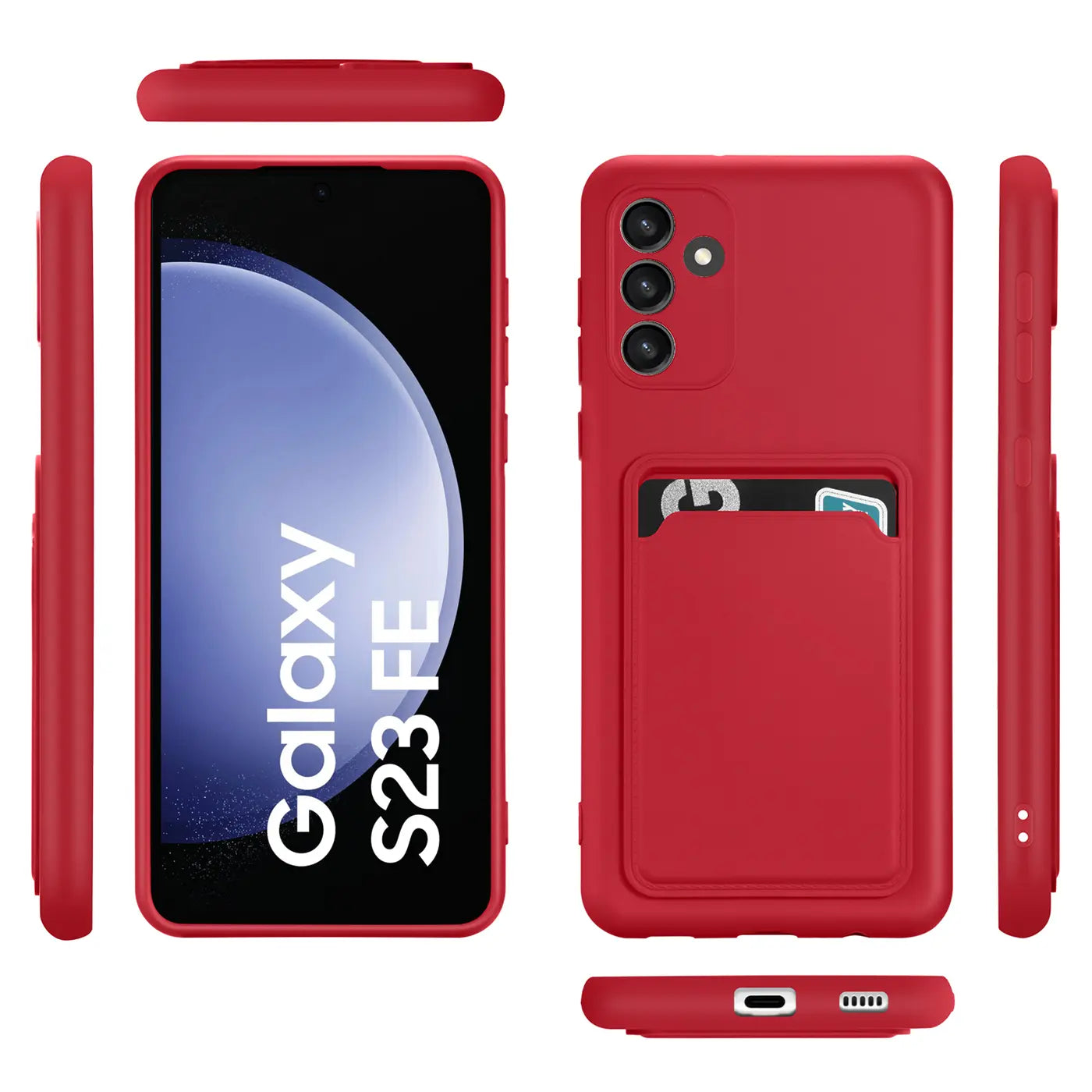 Rote Slim Hülle mit Kartenfach für Samsung Galaxy S23 FE, verschiedene Ansichten.