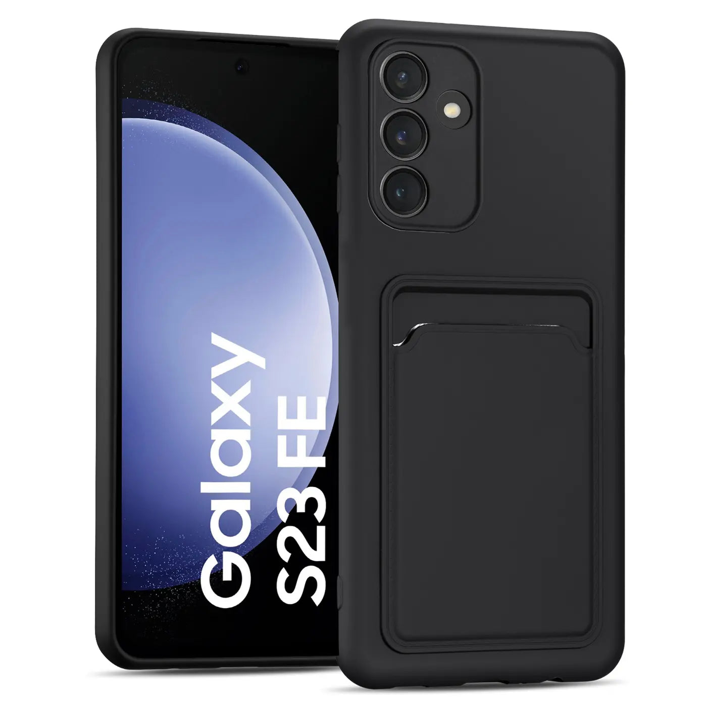 Schwarze Slim Hülle aus Kunststoff mit Kartenfach für Samsung Galaxy S23 FE, von vorne leicht schräg