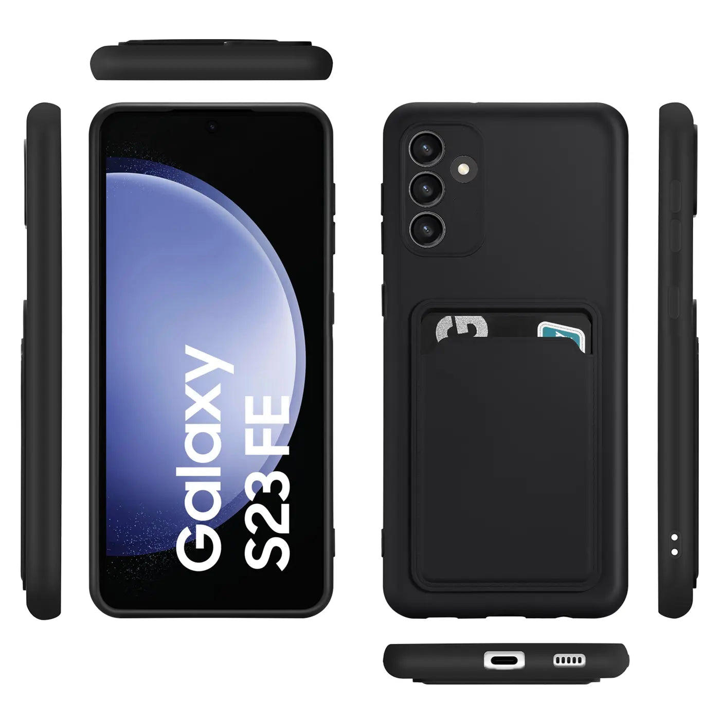 Schwarze Slim Hülle mit Kartenfach für Samsung Galaxy S23 FE, verschiedene Ansichten
