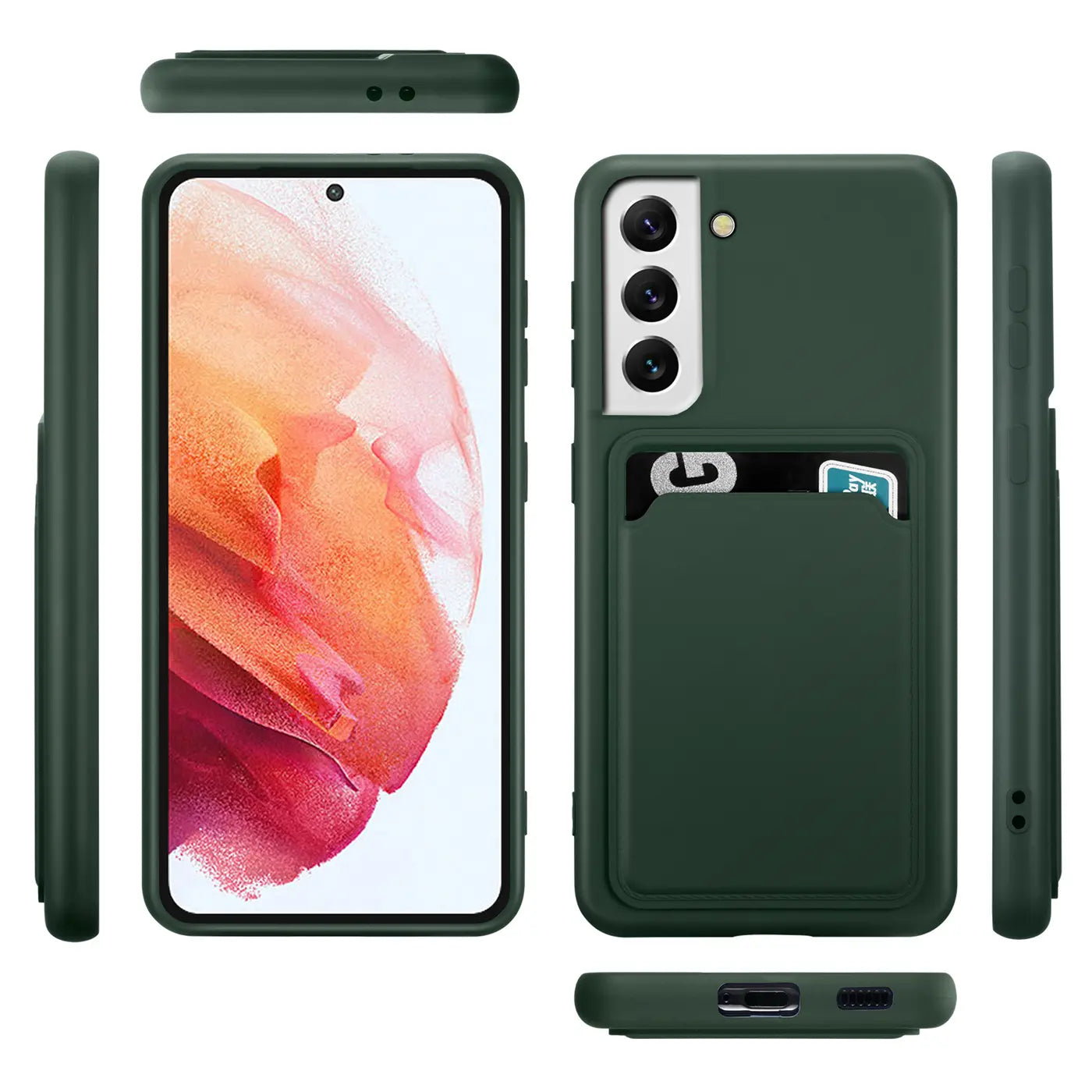 Dunkelgrüne Slim Hülle aus Kunststoff mit Kartenfach für Samsung Galaxy S23, verschiedene Ansichten.