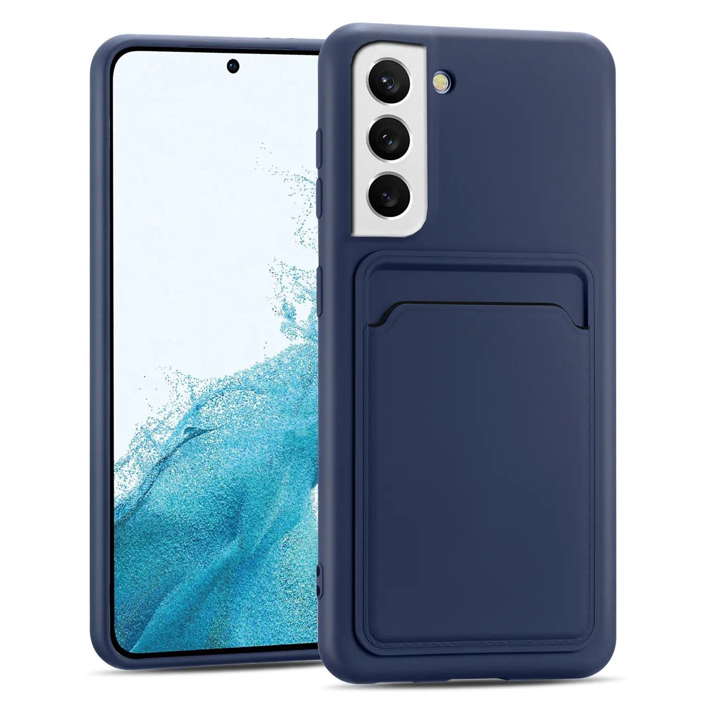 Dunkelblaue Slim Hülle aus Kunststoff mit Kartenfach, Vorderansicht, Samsung Galaxy S23 Plus