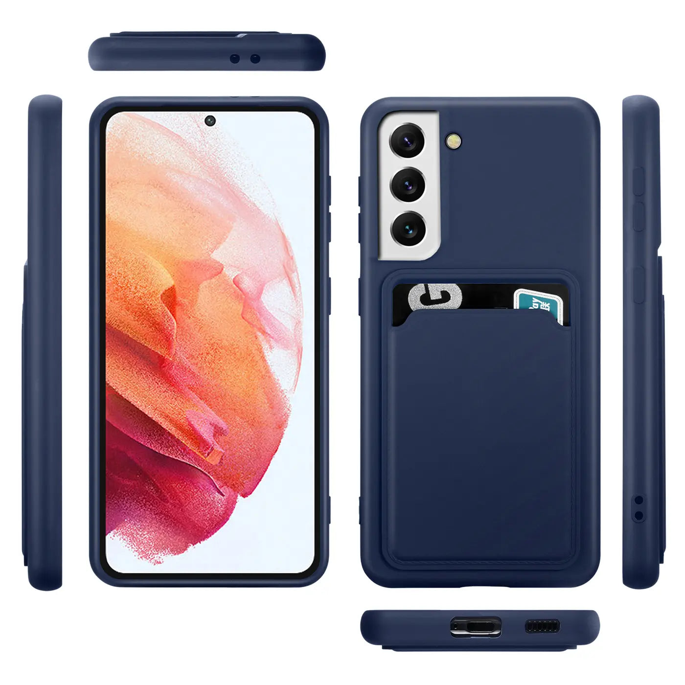 Dunkelblaue Handyhülle aus Silikon mit Kartenfach, Vorder- und Rückansicht, Samsung S23 Plus.
