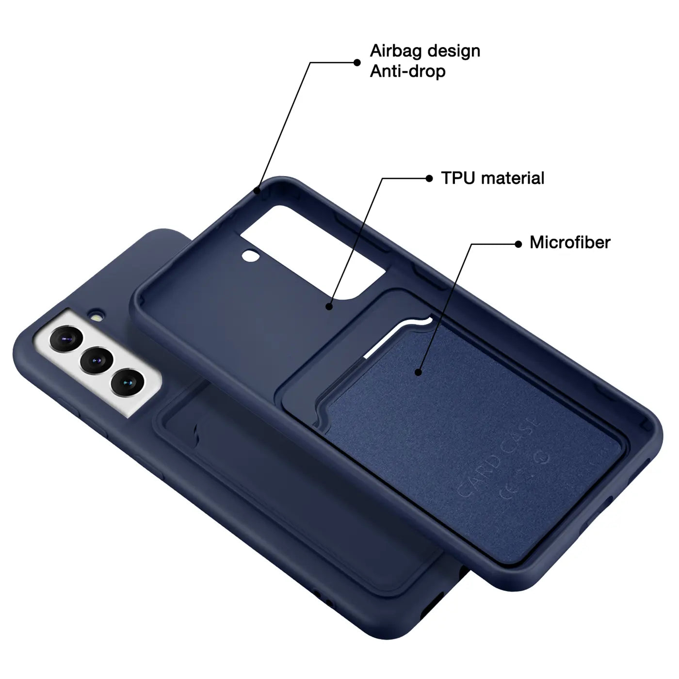 Dunkelblaue TPU-Hülle mit Kartenfach, von oben, zeigt Samsung Galaxy S23 Plus.