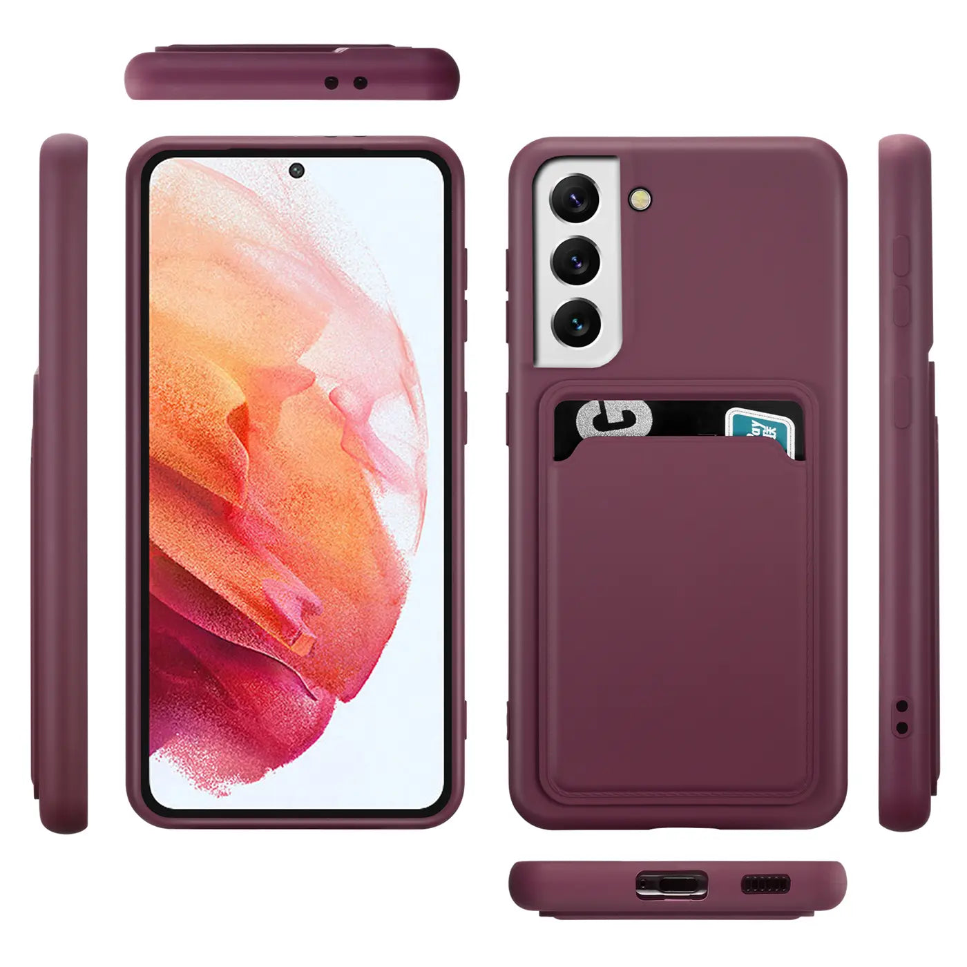 Dunkelrote Slim Hülle mit Kartenfach für Samsung S23 Plus, von vorne, hinten, Seite, oben, unten