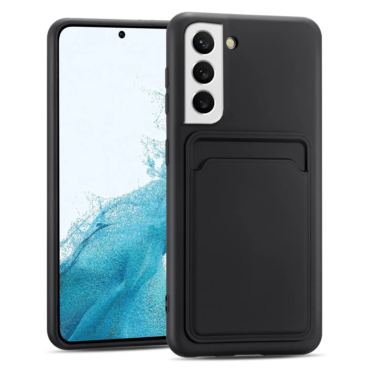 Schwarze Slim Hülle aus Kunststoff mit Kartenfach für Samsung Galaxy S23 Plus, Vorderansicht.