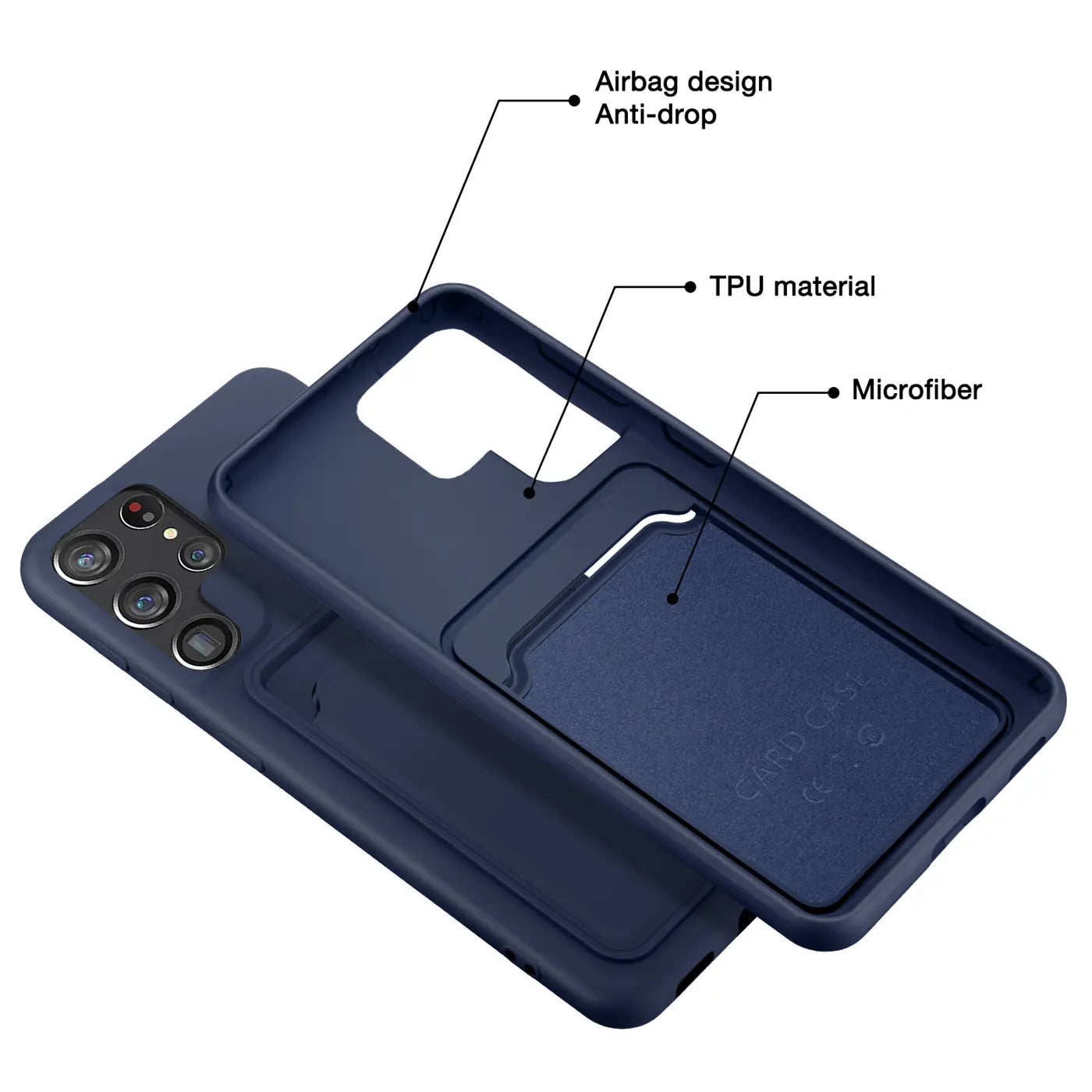 Dunkelblaue TPU-Hülle mit Kartenfach, von oben schräg auf Samsung S23 Ultra