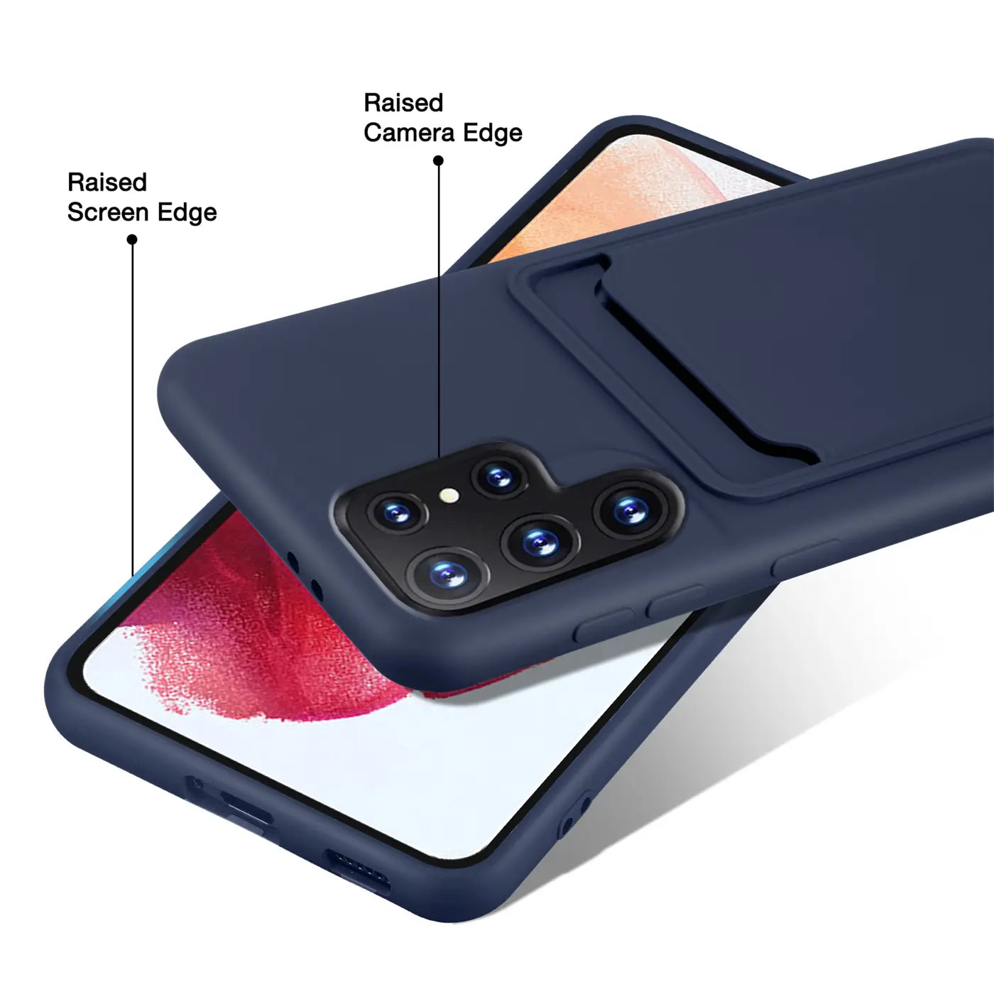 Dunkelblaue Slim-Hülle aus Kunststoff mit Kartenfach, zeigt Samsung S23 Ultra, von oben.