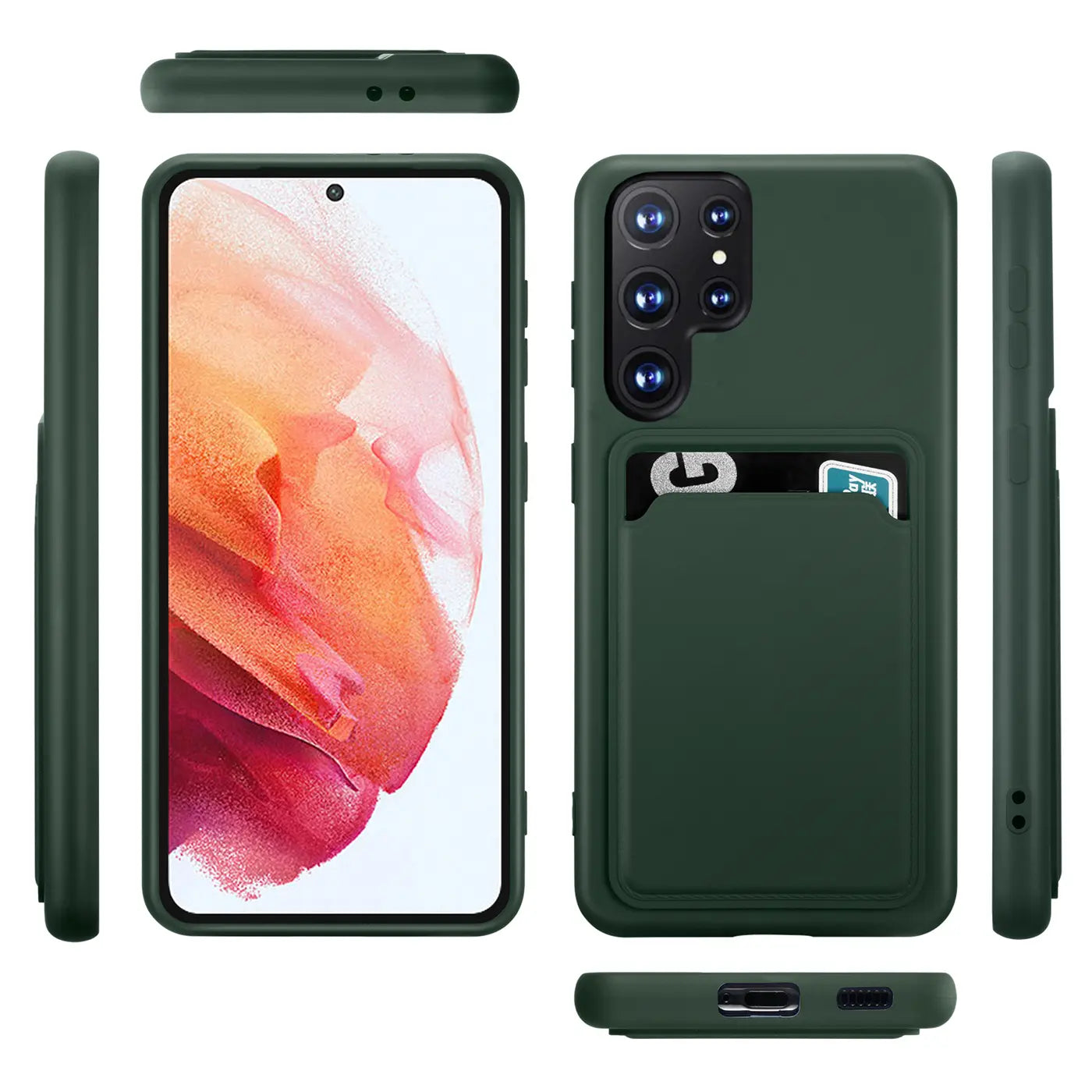Dunkelgrüne Slim Hülle mit Kartenfach für Samsung S23 Ultra, verschiedene Ansichten