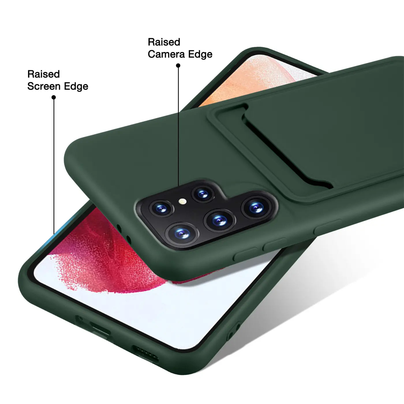 Dunkelgrüne Slim Hülle aus Kunststoff mit Kartenfach auf Samsung S23 Ultra, von schräg oben.