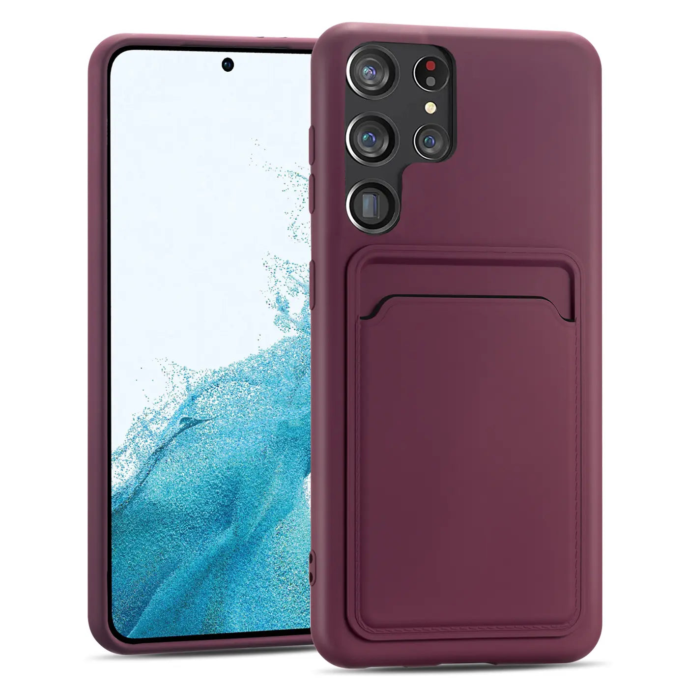 Dunkelrote Handyhülle aus Silikon mit Kartenfach für Samsung Galaxy S23 Ultra, Seitenansicht.