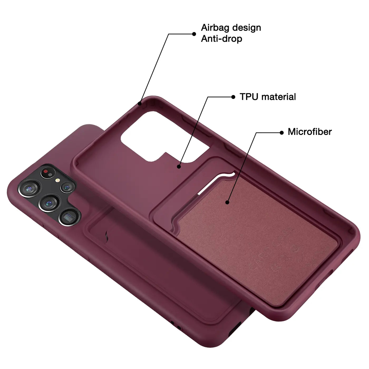 Dunkelrote TPU-Hülle mit Kartenfach für Samsung S23 Ultra, von oben, mit Innenansicht.