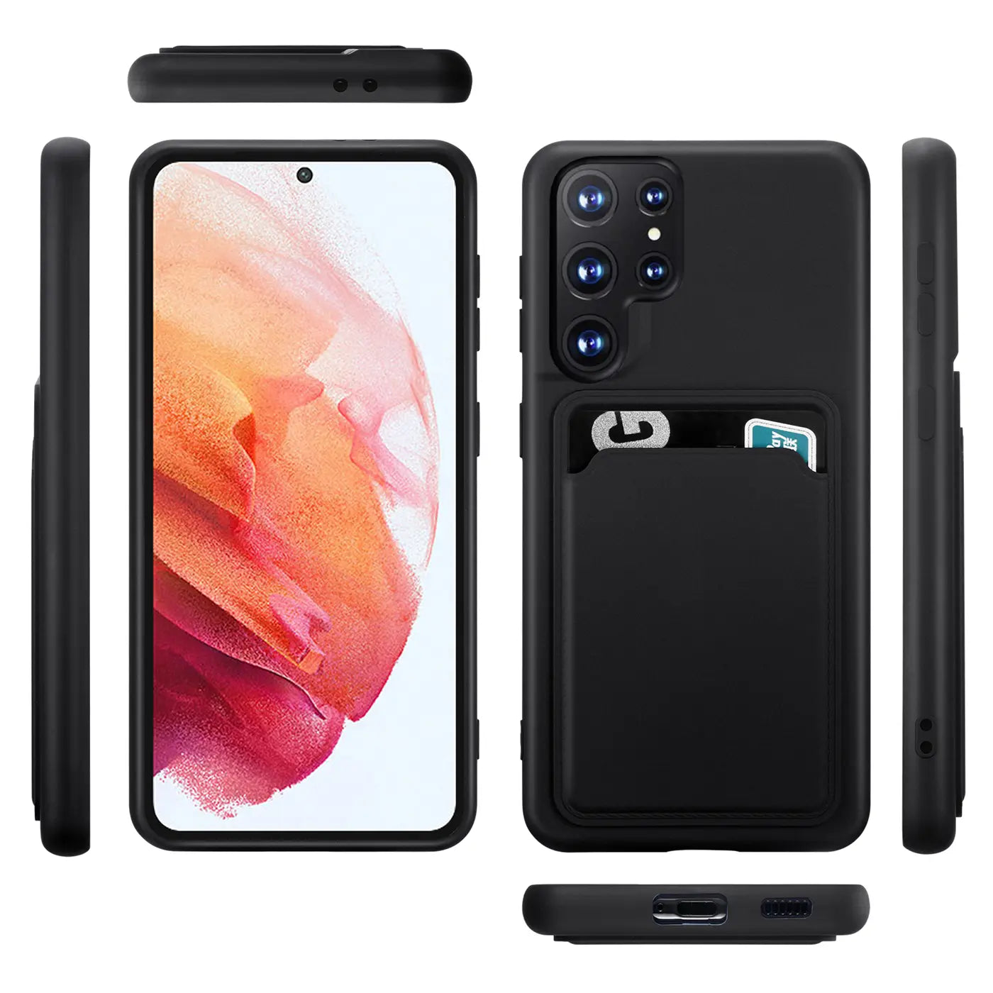Schwarze Handyhülle aus Kunststoff mit Kartenfach für Samsung S23 Ultra, verschiedene Ansichten.