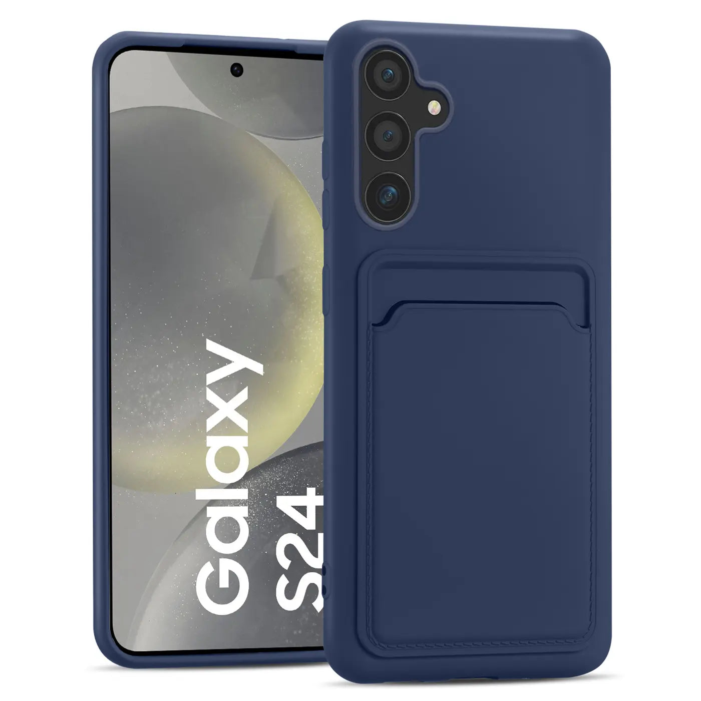 Dunkelblaue Slim Hülle aus Kunststoff mit Kartenfach, Vorderansicht, Samsung Galaxy S24.