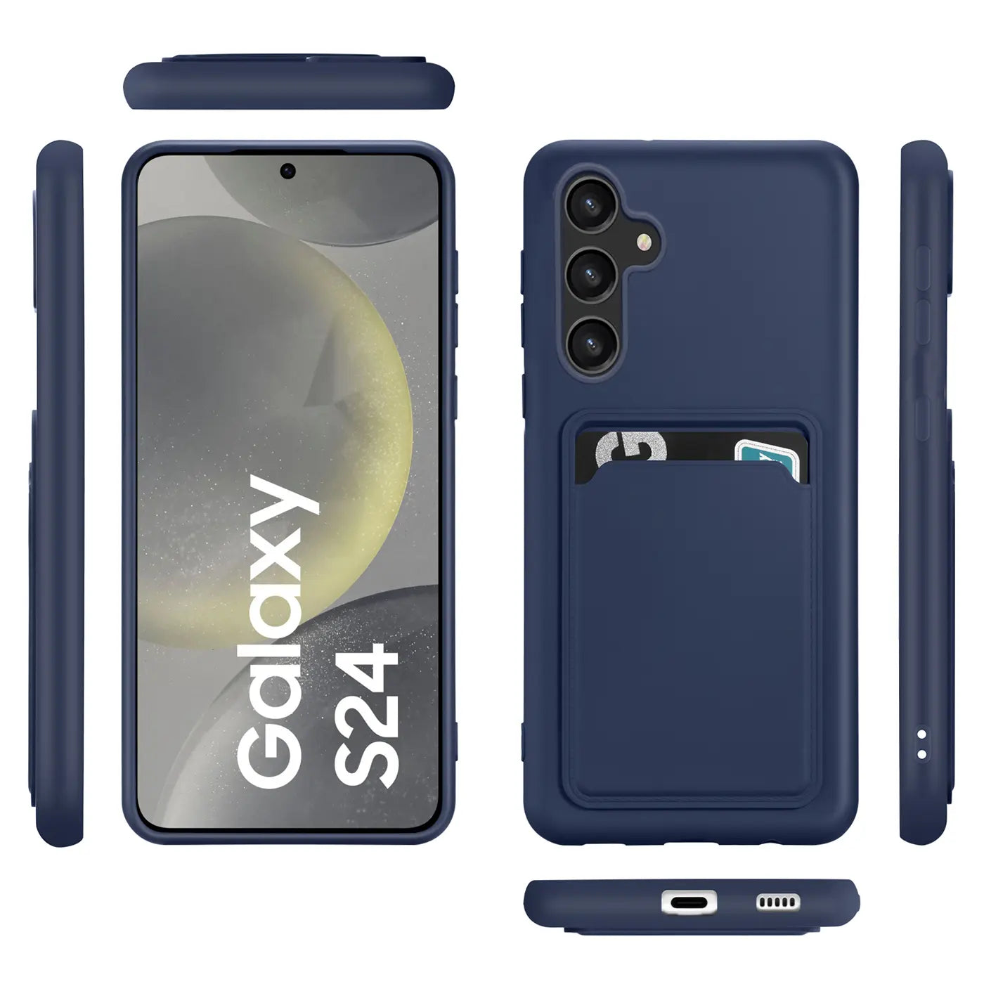Dunkelblaue Slim Hülle aus Kunststoff mit Kartenfach für Samsung Galaxy S24, verschiedene Ansichten.