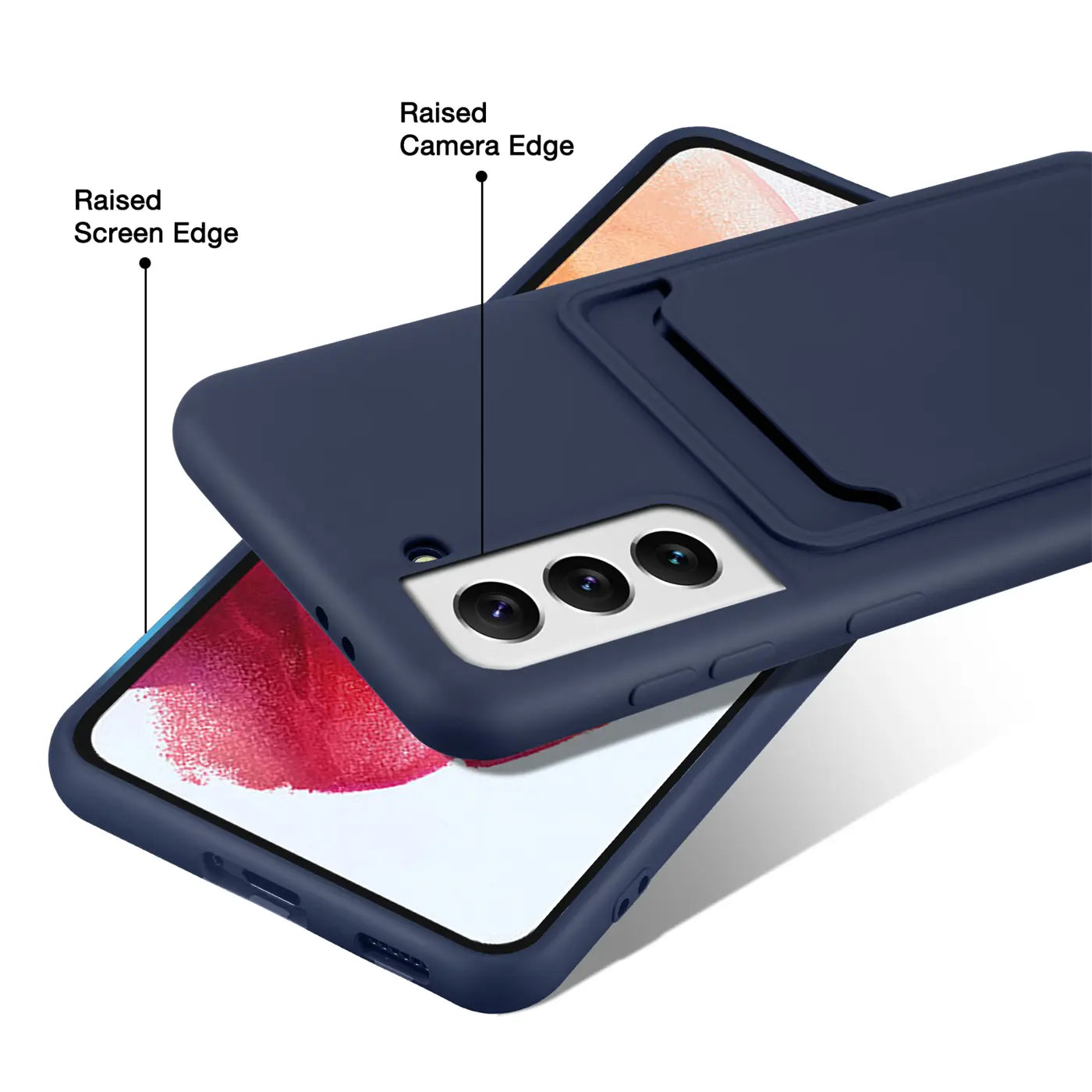 Dunkelblaue Slim Hülle mit Kartenfach, zeigt Samsung Galaxy S24, Nahaufnahme.