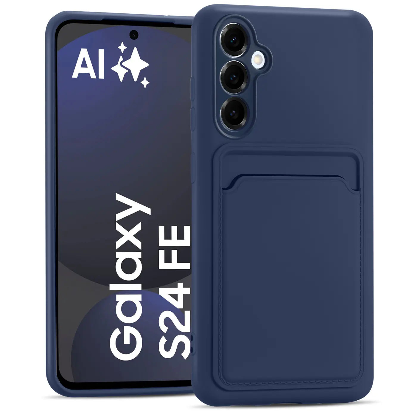 Dunkelblaue Slim Hülle aus Kunststoff mit Kartenfach, Vorderansicht, Samsung Galaxy S24 FE.