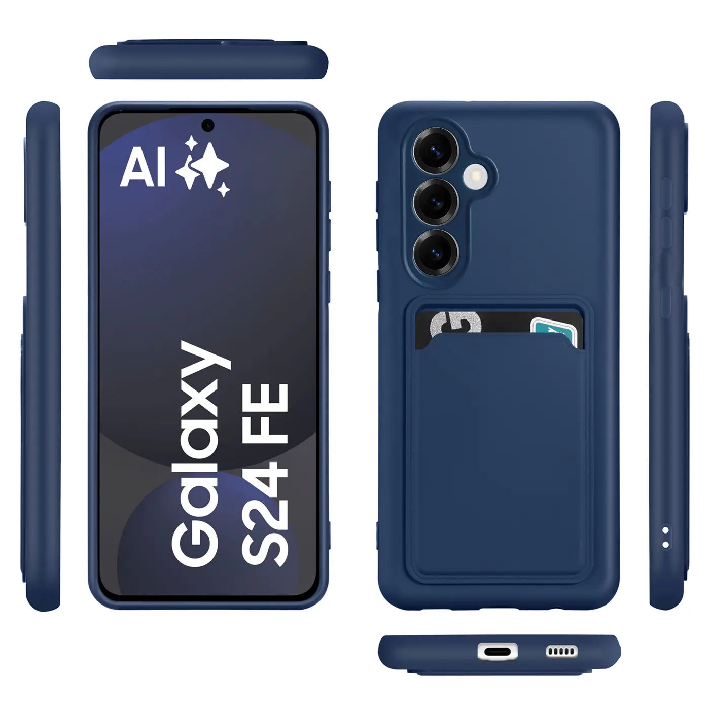 Dunkelblaue Slim Hülle aus Kunststoff mit Kartenfach für Samsung Galaxy S24 FE, verschiedene Ansichten.