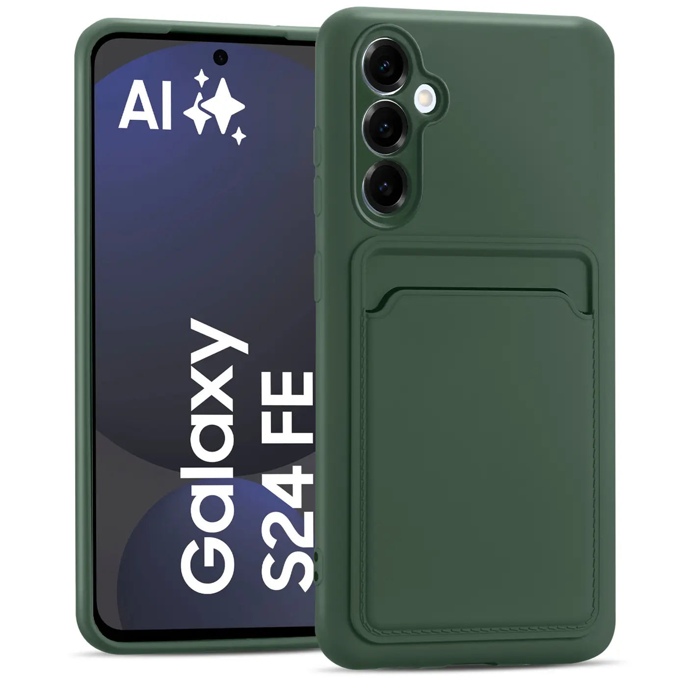 Dunkelgrüne Slim Hülle aus Silikon mit Kartenfach, von vorne, für Samsung Galaxy S24 FE.
