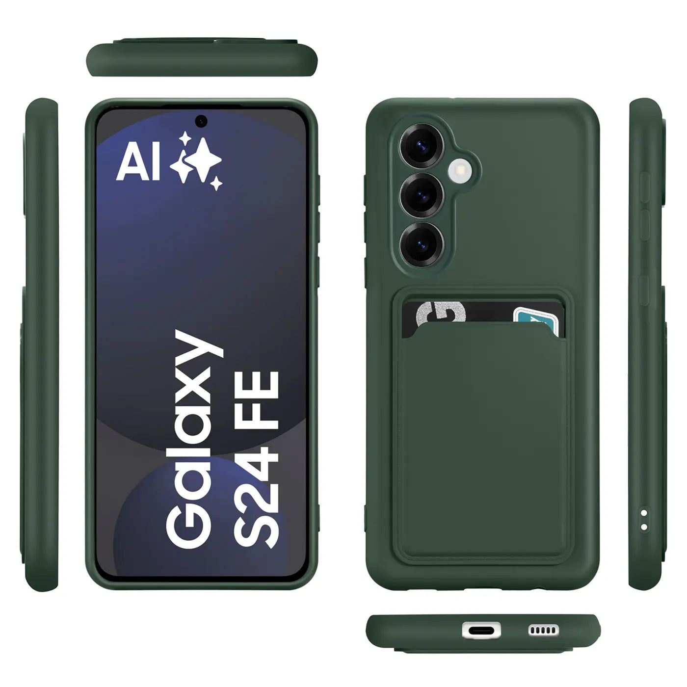 Dunkelgrüne Slim Hülle aus Kunststoff mit Kartenfach für Samsung Galaxy S24 FE, verschiedene Ansichten.