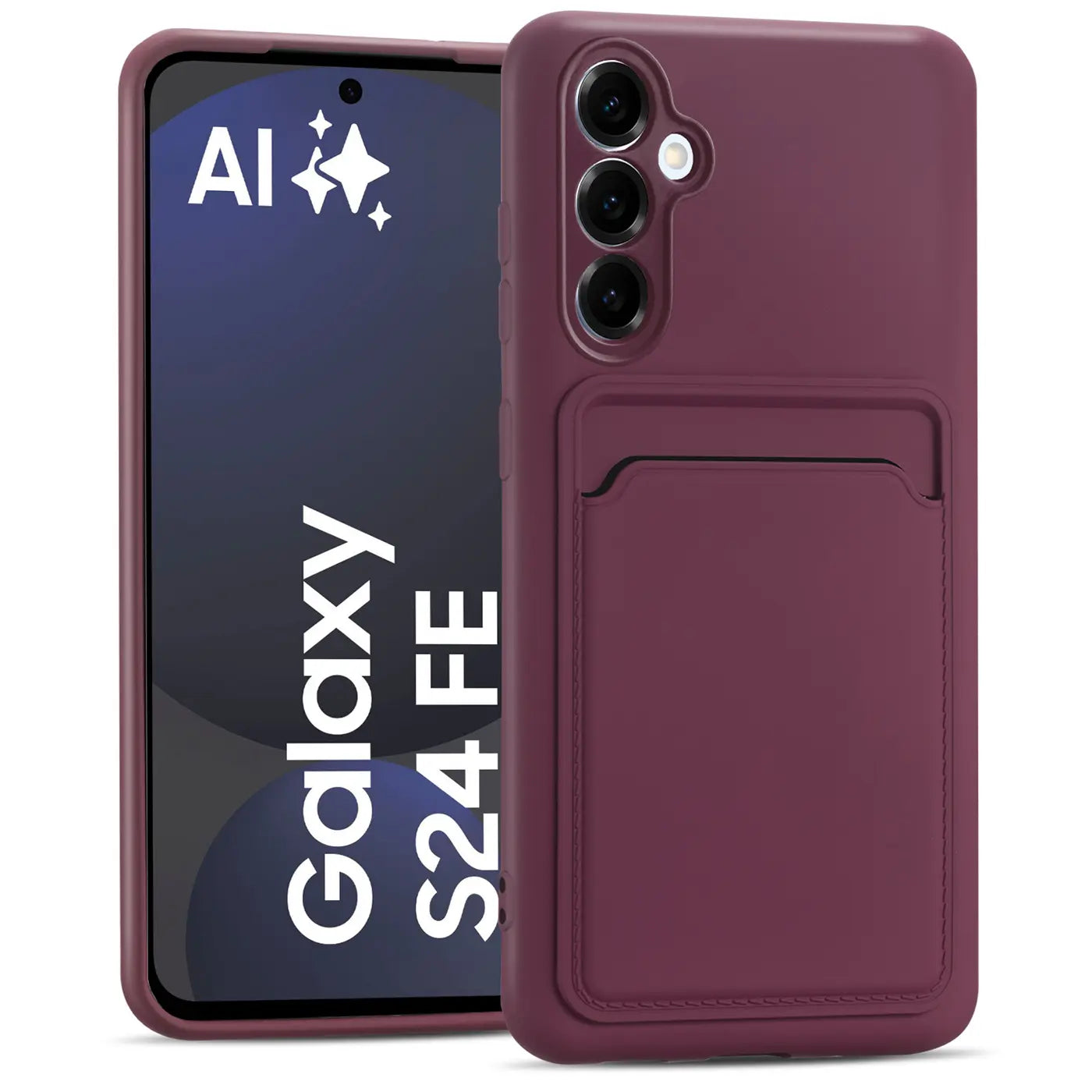 Dunkelrote Slim Hülle mit Kartenfach für Samsung Galaxy S24 FE, von vorne.