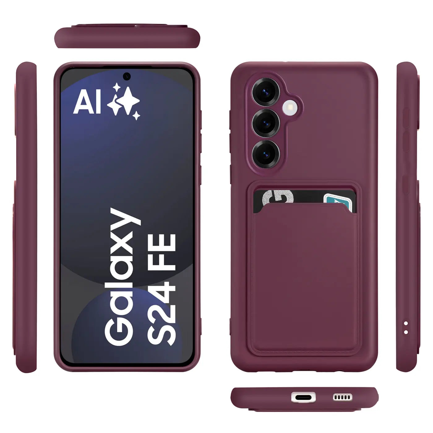 Dunkelrote Slim Hülle mit Kartenfach für Samsung Galaxy S24 FE, verschiedene Ansichten