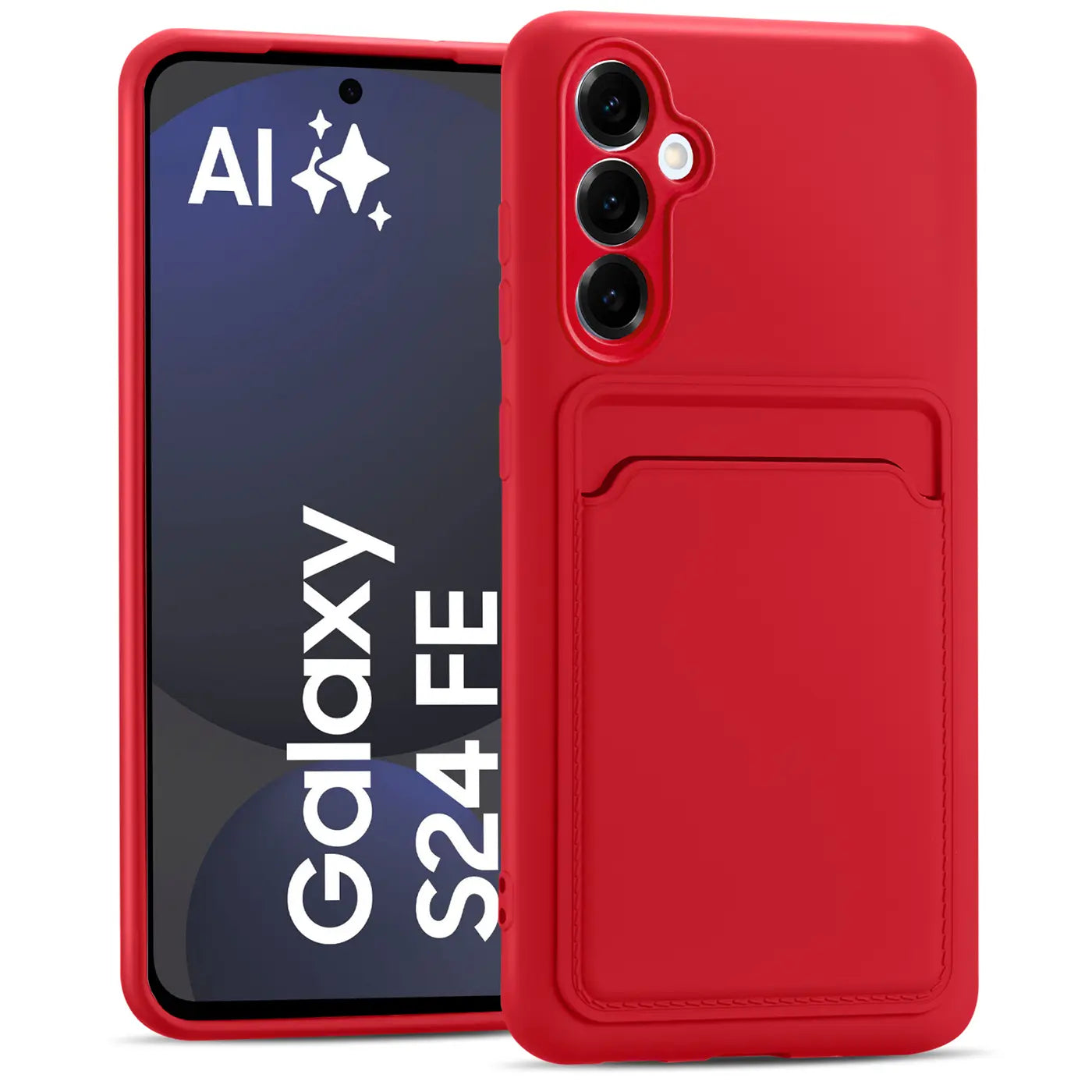 Rote Slim Hülle mit Kartenfach für Samsung Galaxy S24 FE, von vorne links gesehen.
