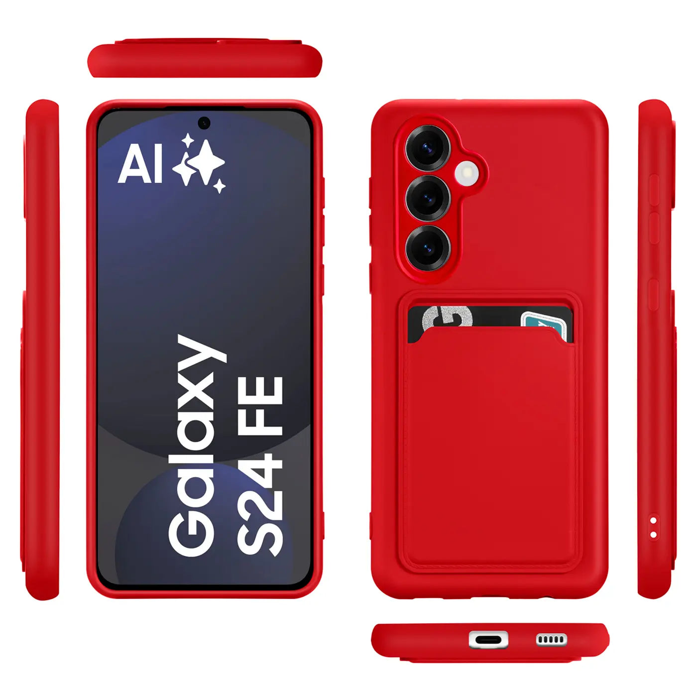 Rote Slim Hülle mit Kartenfach für Samsung Galaxy S24 FE, aus Kunstleder, verschiedene Ansichten.