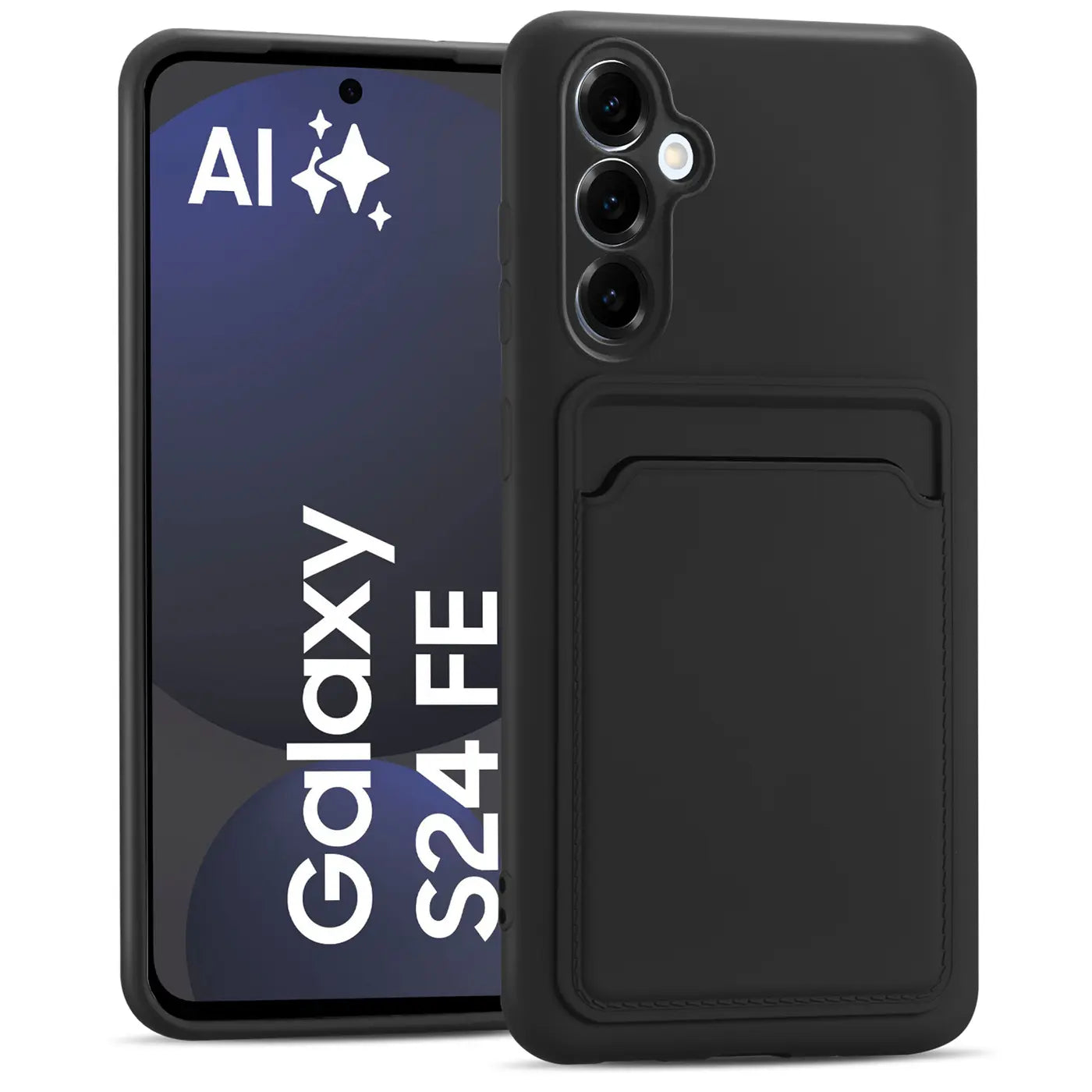 Schwarze Slim Hülle aus Kunststoff mit Kartenfach, Vorderansicht, für Samsung Galaxy S24 FE.