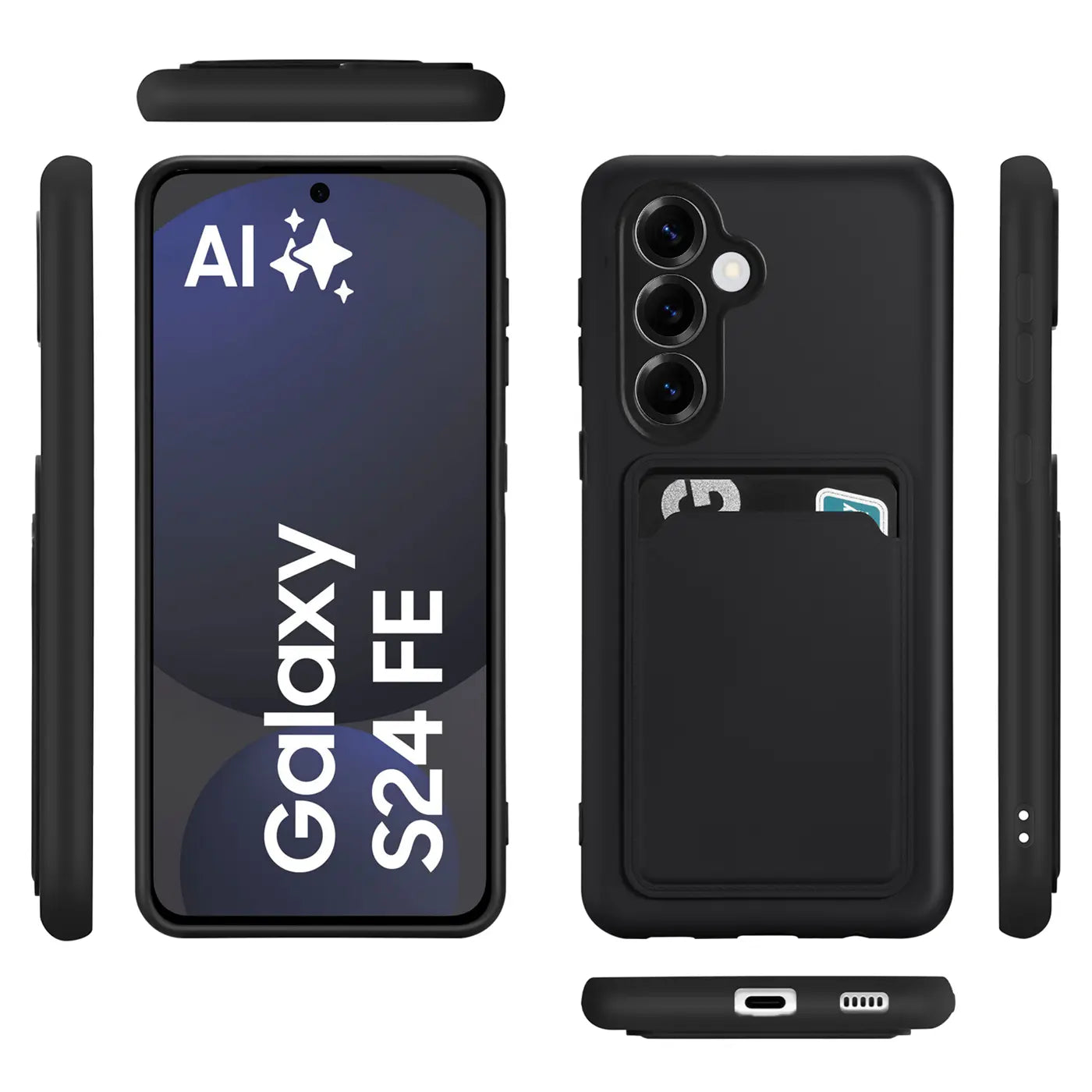 Schwarze Slim Hülle mit Kartenfach für Samsung Galaxy S24 FE, verschiedene Ansichten