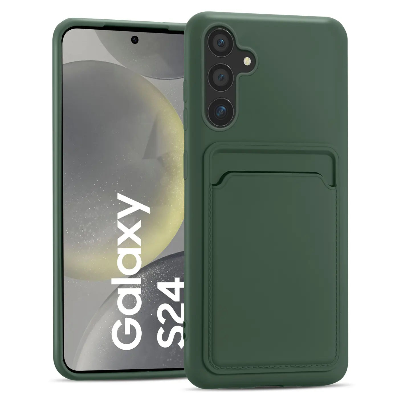 Dunkelgrüne Slim Hülle mit Kartenfach für Samsung Galaxy S24, von vorne gezeigt.