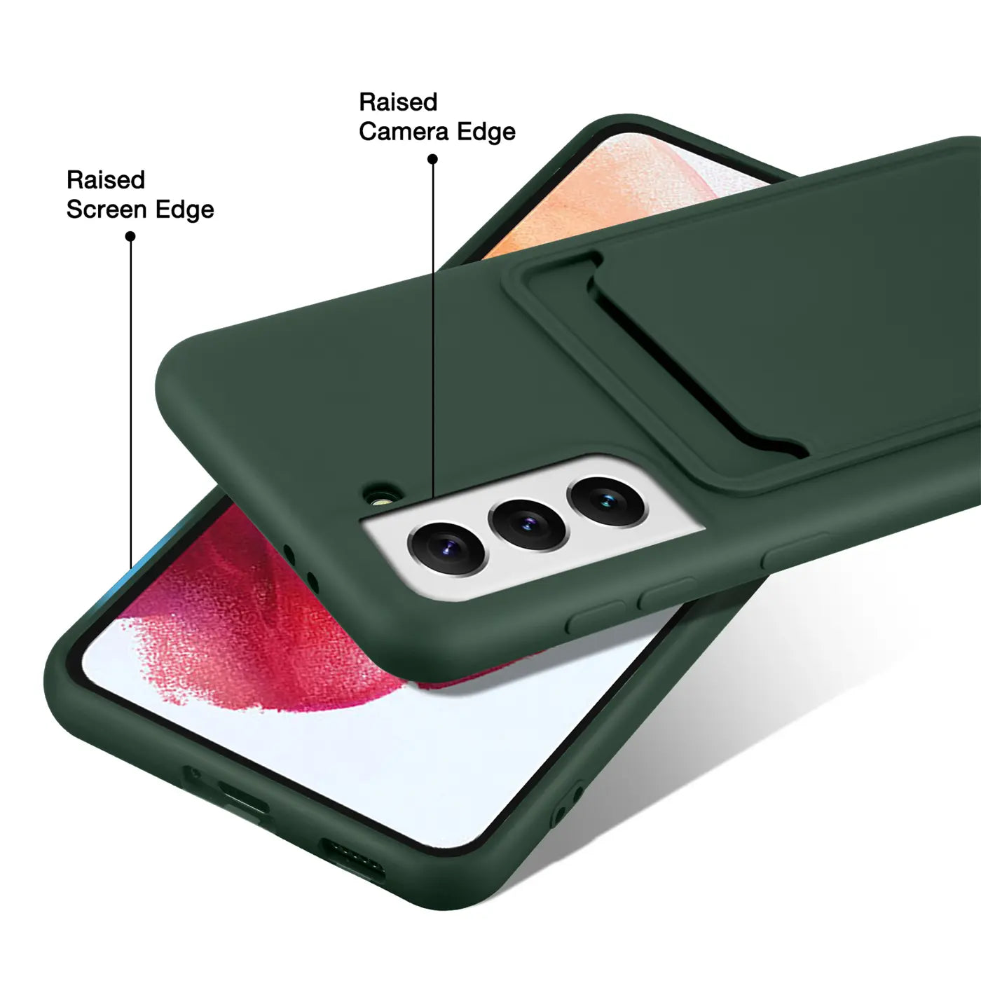 Dunkelgrüne Slim-Hülle mit Kartenfach auf Samsung Galaxy S24, von oben links.