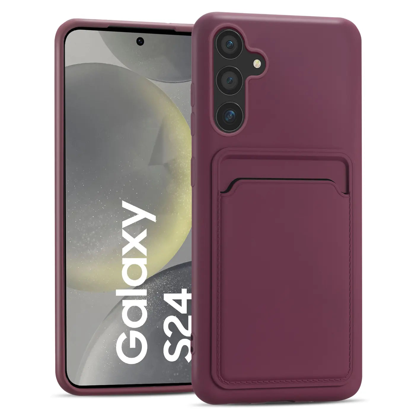 Dunkelrote Slim Hülle aus Silikon mit Kartenfach, Vorderansicht, Samsung Galaxy S24.
