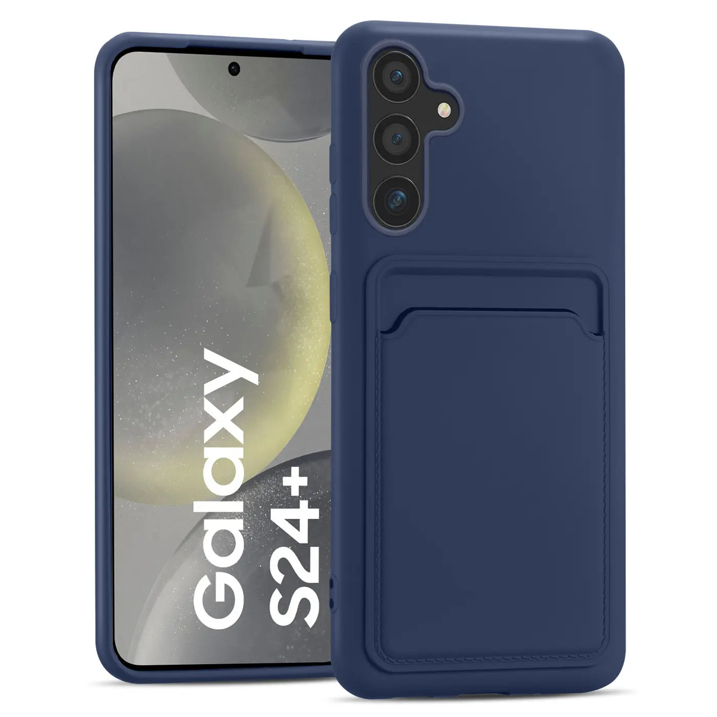 Dunkelblaue Slim Hülle aus Kunststoff mit Kartenfach, Vorderansicht, Samsung Galaxy S24+
