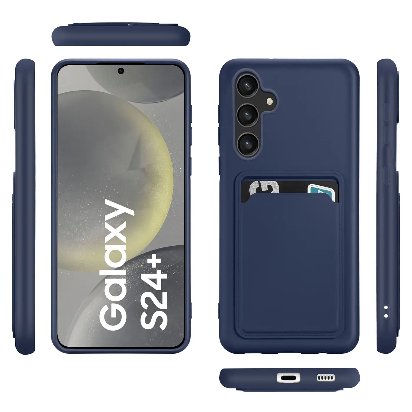 Dunkelblaue Slim Hülle mit Kartenfach für Samsung Galaxy S24 Plus, verschiedene Ansichten.