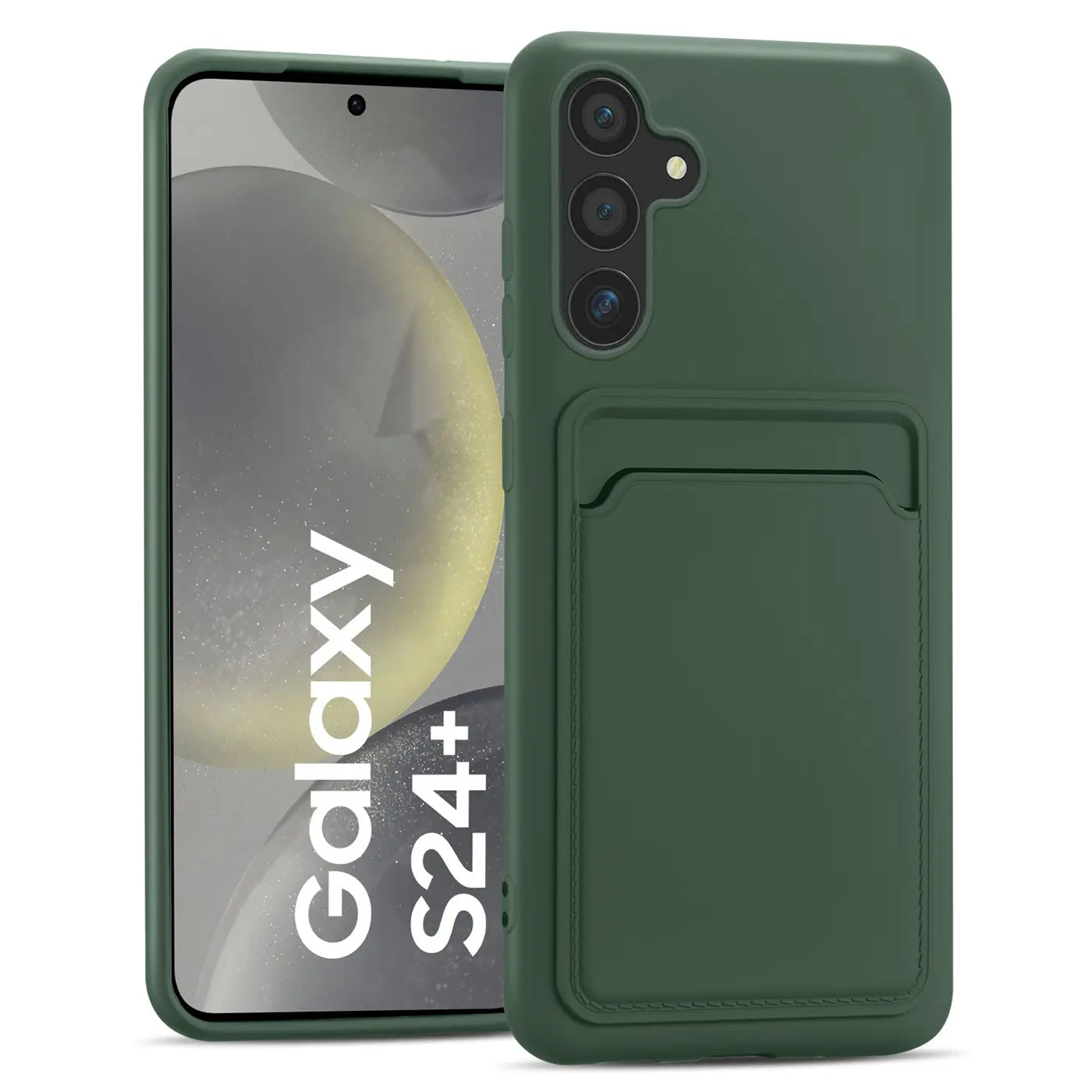 Dunkelgrüne Slim Hülle aus Kunstleder mit Kartenfach, Vorderansicht, Samsung Galaxy S24+