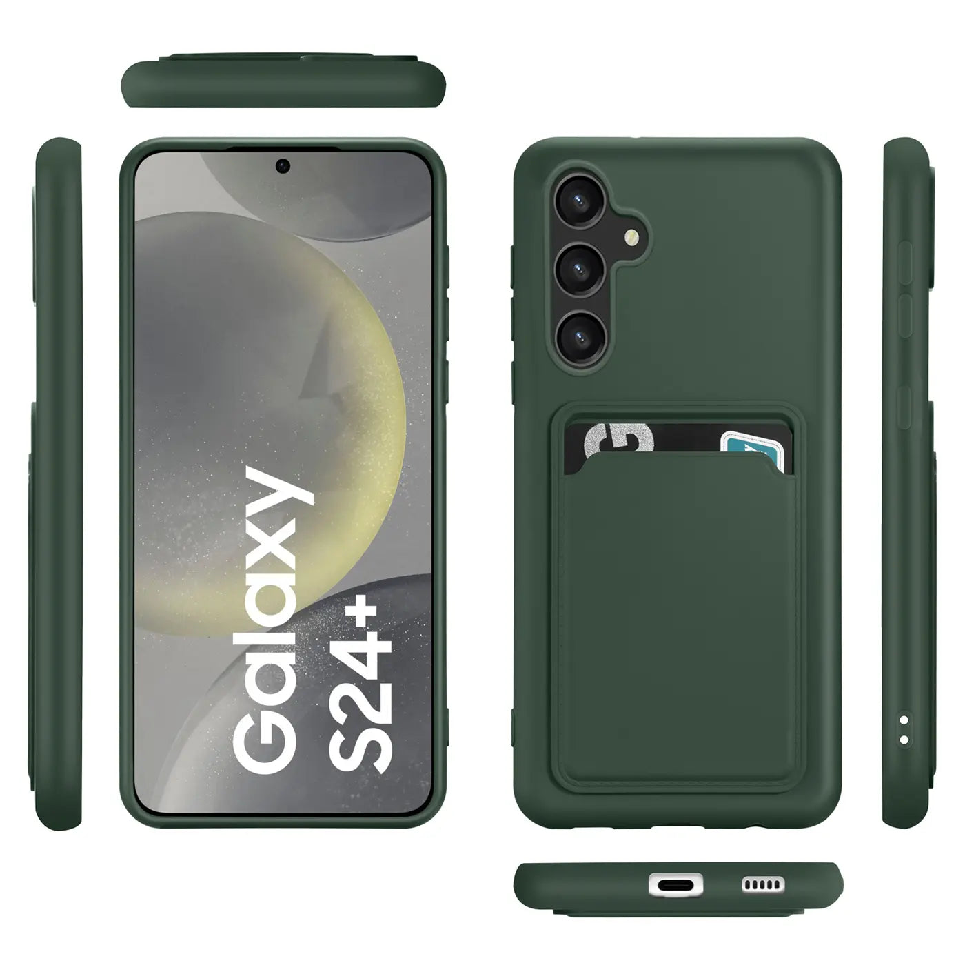 Dunkelgrüne Handyhülle aus Kunststoff mit Kartenfach für Samsung Galaxy S24+, verschiedene Ansichten.